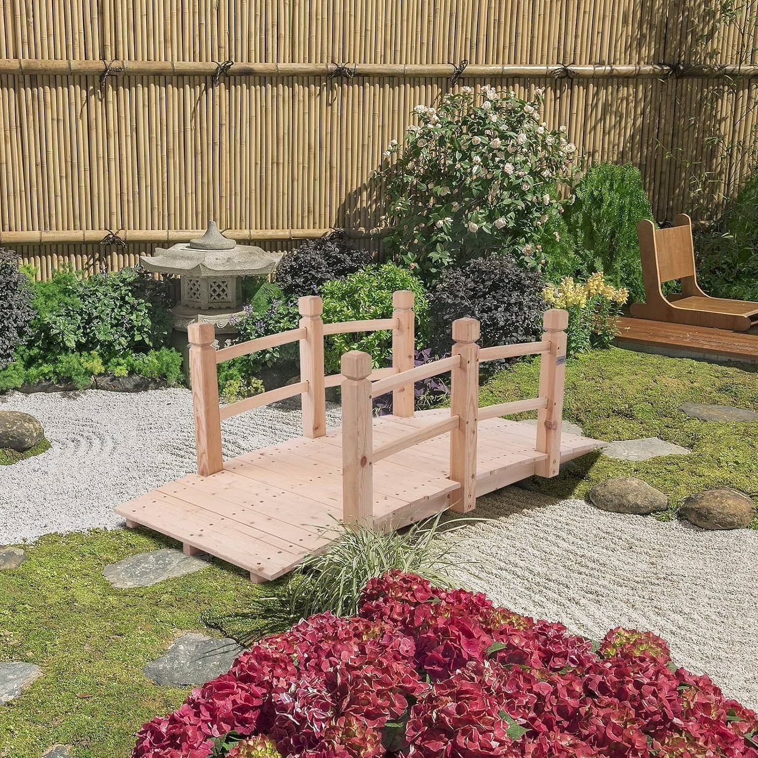 Outdoor Solid Wood 5-Ft Garden Bridge in Natural Wood Finish - Free Shipping