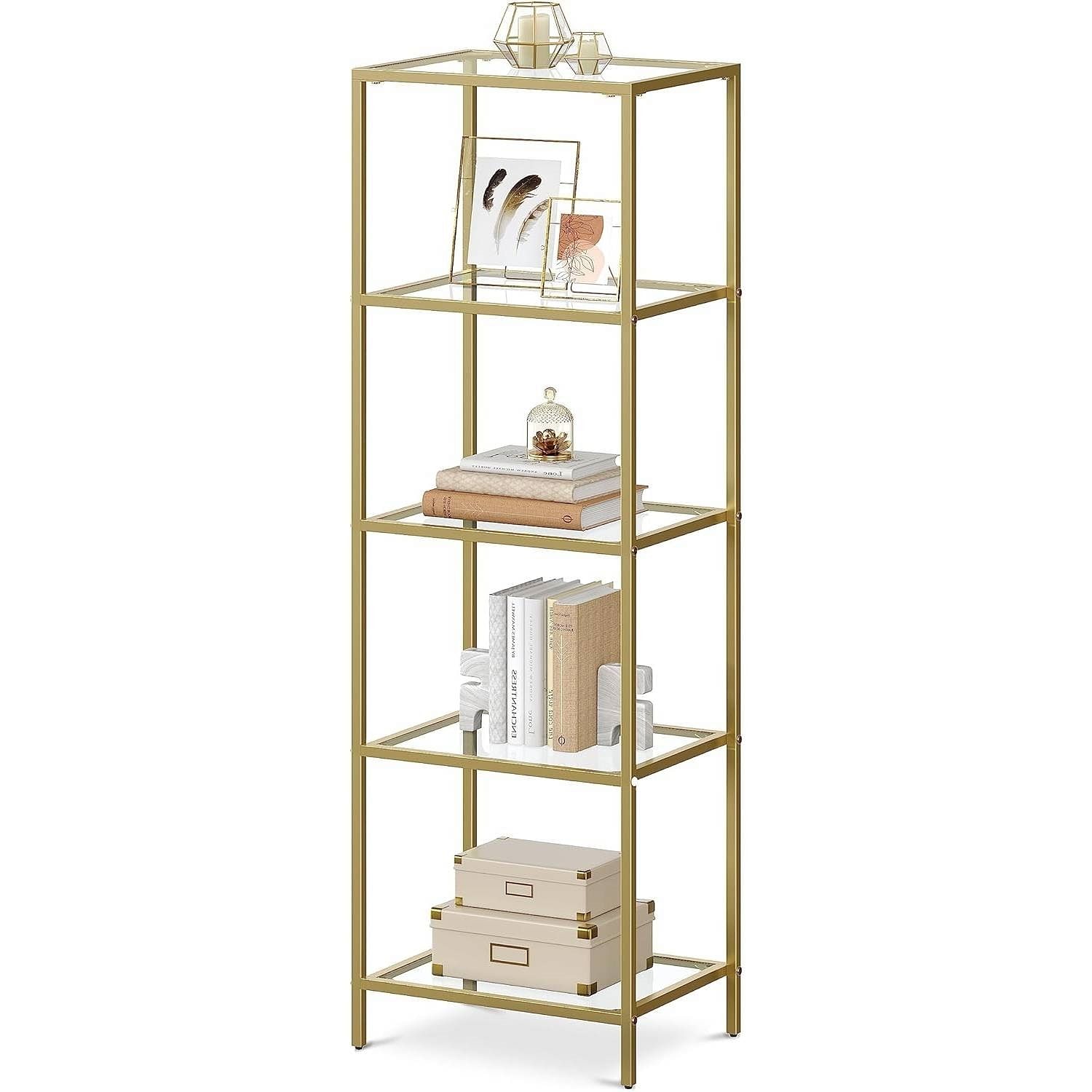 Narrow Gold Metal Frame Glass Shelves Shelving Unit Slim 4-Shelf Bookcase - Free Shipping