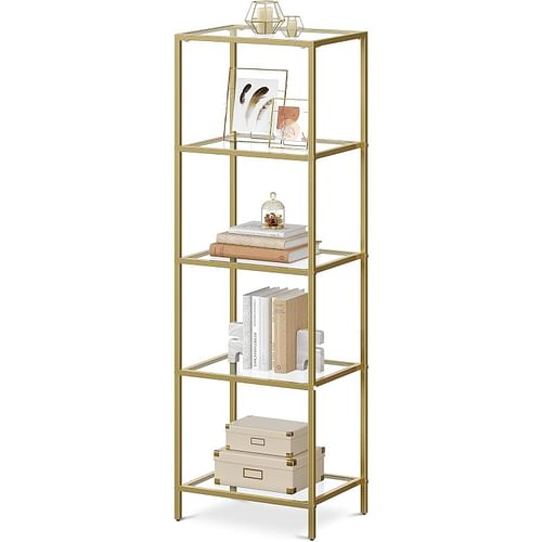 Narrow Gold Metal Frame Glass Shelves Shelving Unit Slim 4-Shelf Bookcase - Free Shipping