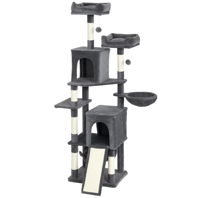 Cat Tree, 70" Multi-Level Cat Tower with 2 Condos, 2 Perches, Hammock, Toy Balls, Scratching Posts and Board, Dark Grey