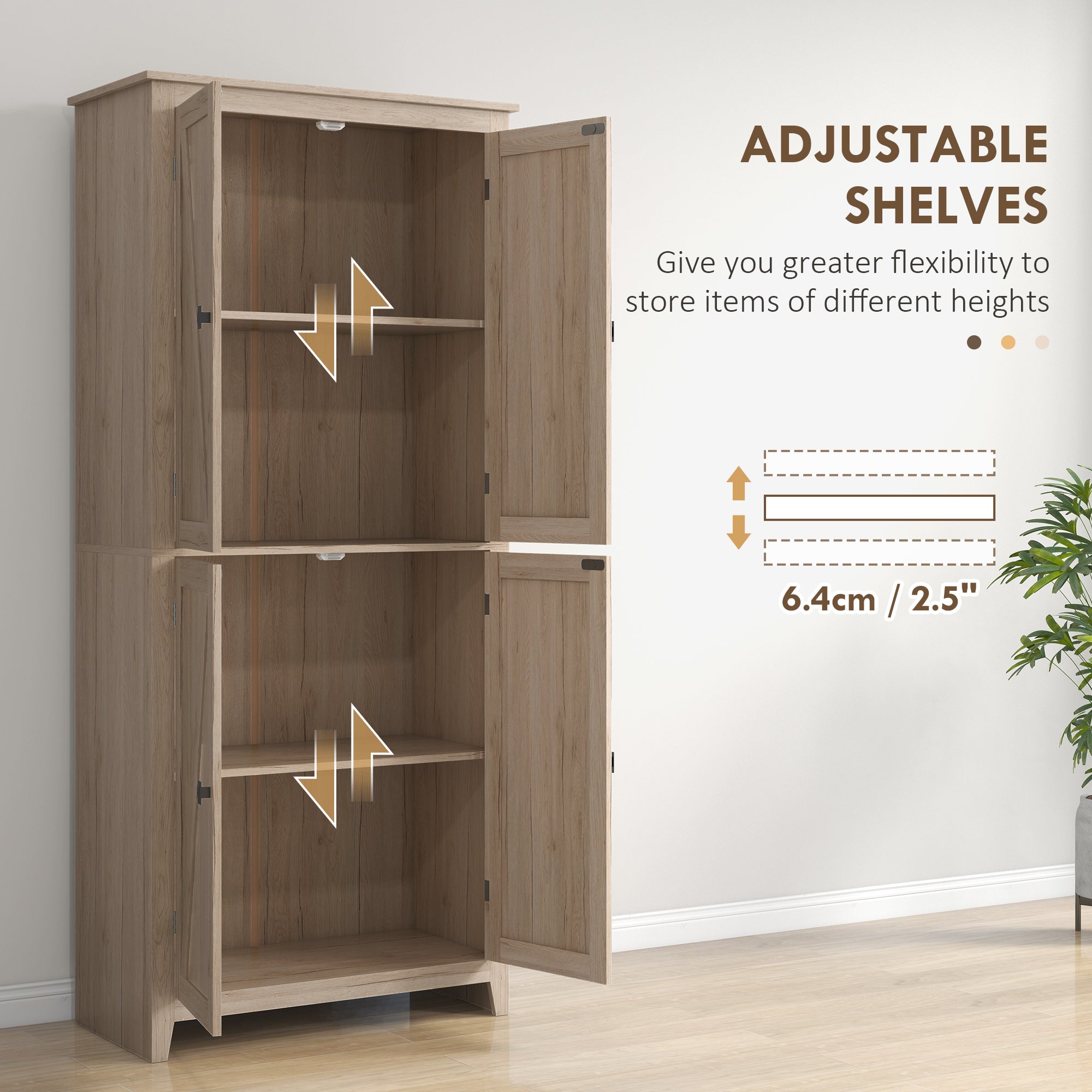 HOMCOM Natural 72" 4-Door Kitchen Pantry: Freestanding Buffet Cabinet, Pantry Organizer with 4-Tier Shelves