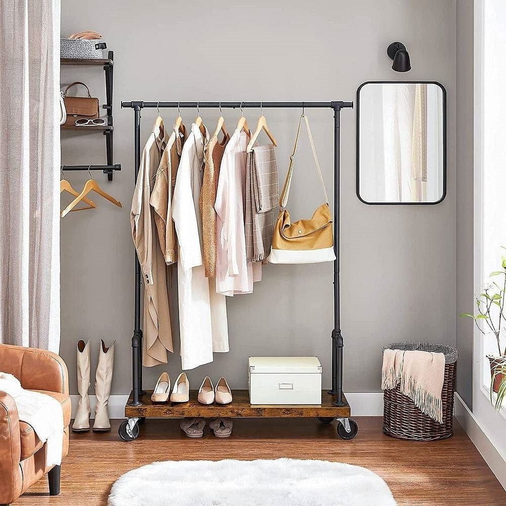 Industrial Metal Pipe Garment Rack with Bottom Shoe Storage Shelf on Wheels - Free Shipping