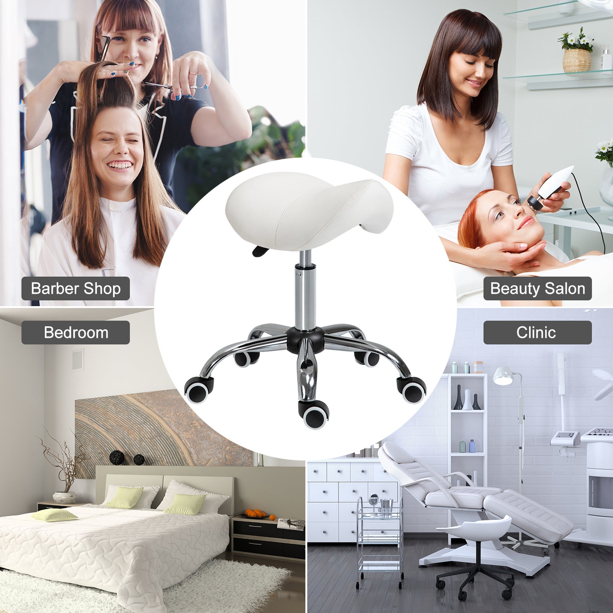 HOMCOM Cream White Rolling Salon Stool: Adjustable Hydraulic Swivel Saddle Chair, PU Leather Spa Beauty Seat