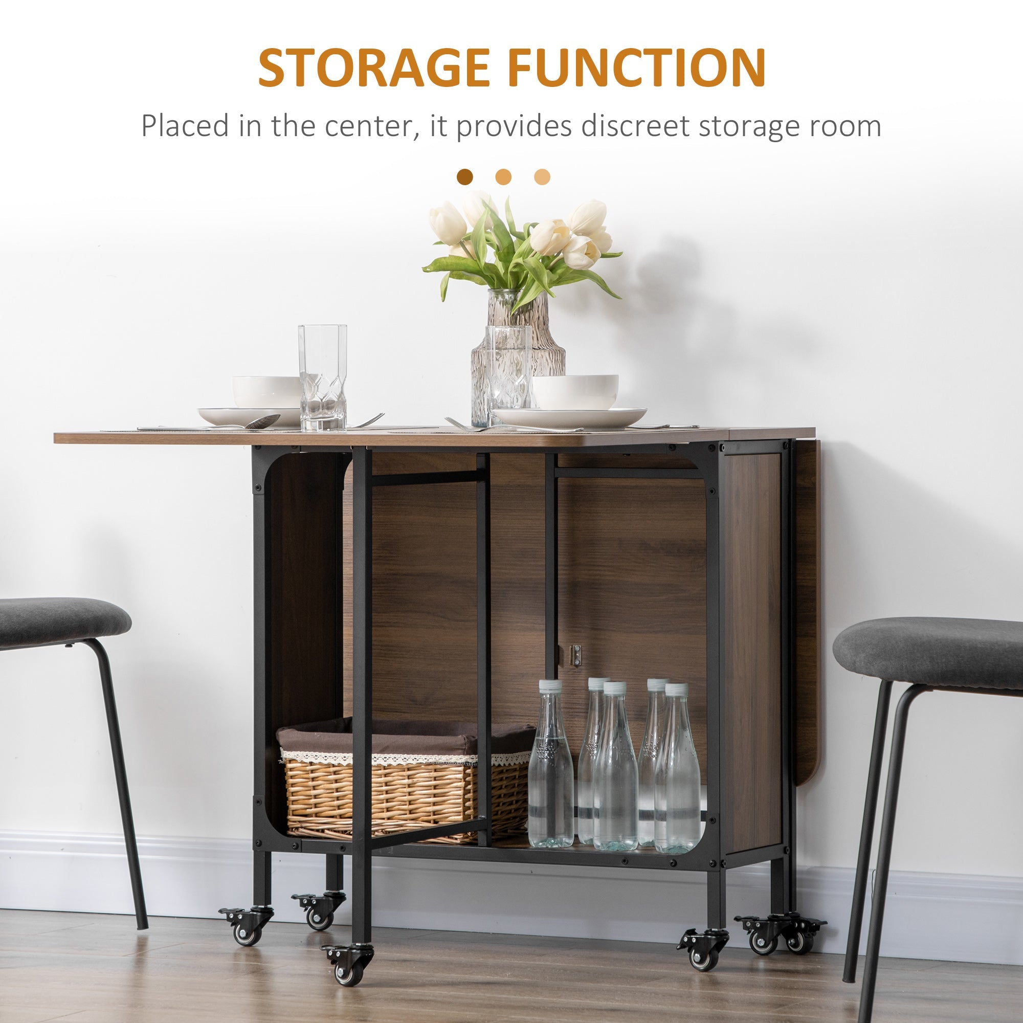 HOMCOM Mobile Folding Extendable Dining Table for Small Spaces Storage Shelf 6 Wheels Space-Saving Design
