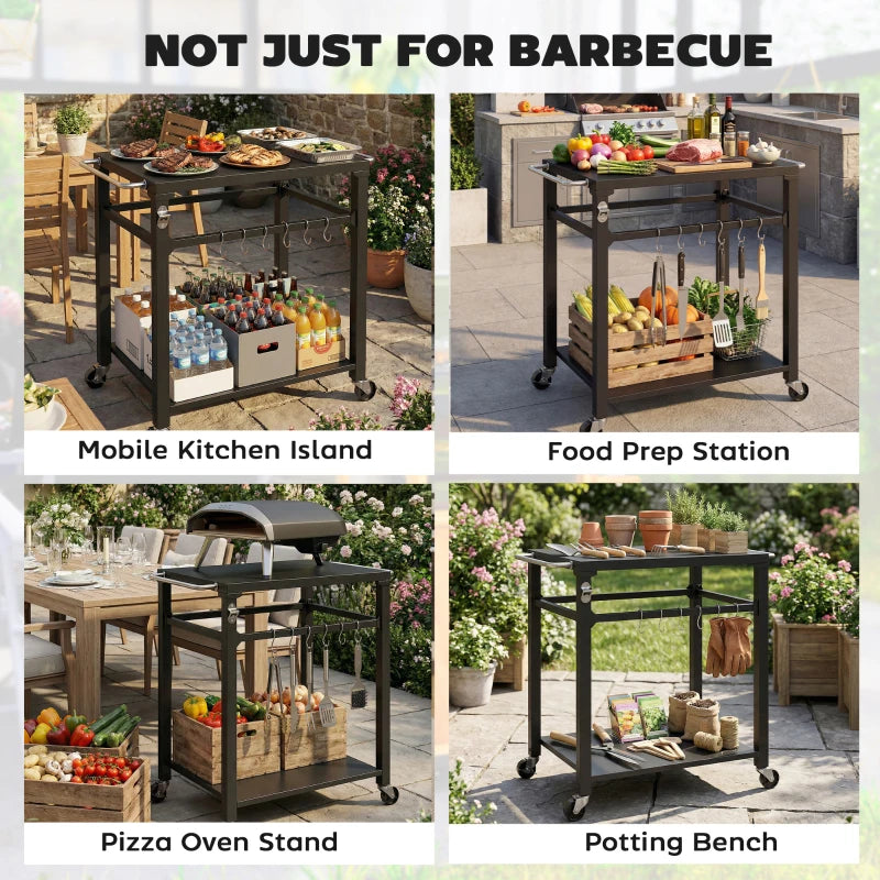 Outdoor Grill Cart, Pizza Oven Stand with Steel Top, 2-Tier Kitchen Prep Station with Hooks, Handle, Wheels, Black