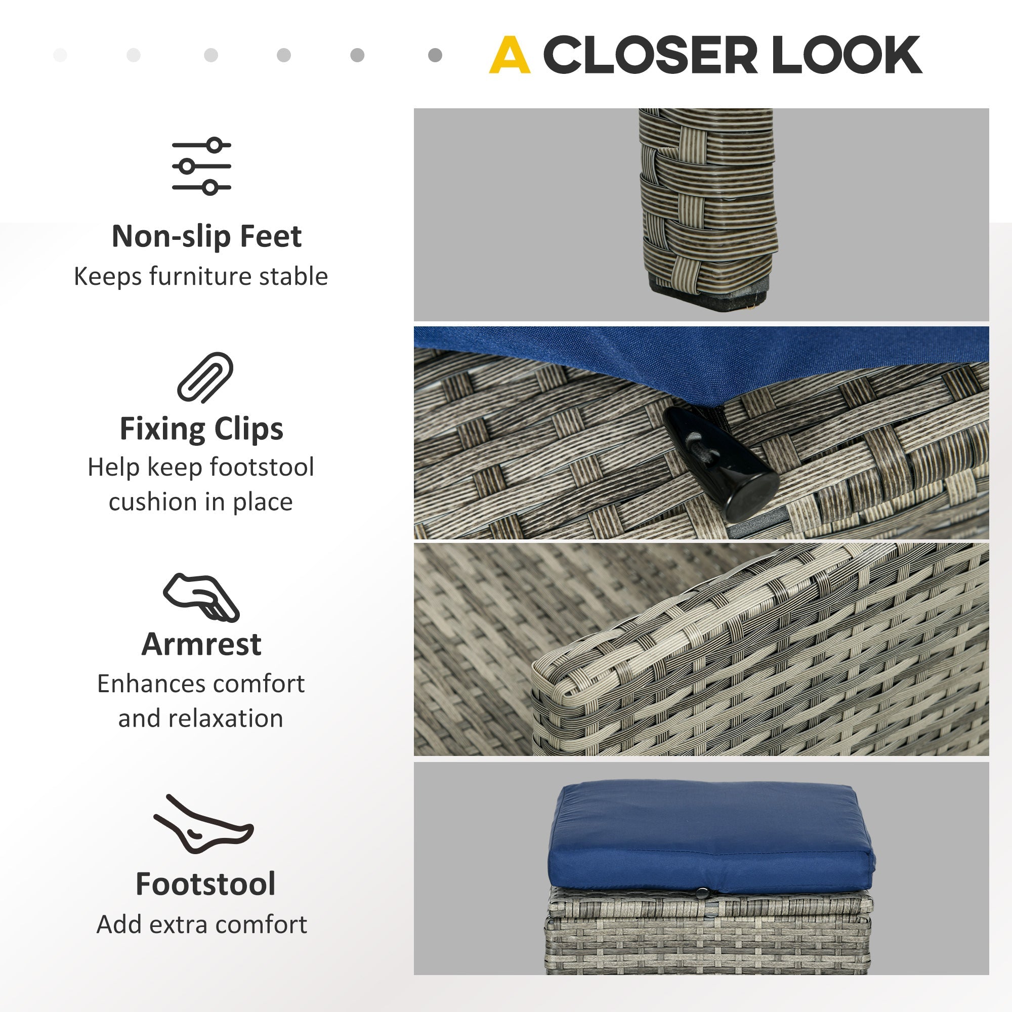 Outsunny 5-Piece Navy Blue Wicker Patio Dining Set, Outdoor Conversation Furniture with Cushions, Table, Ottomans