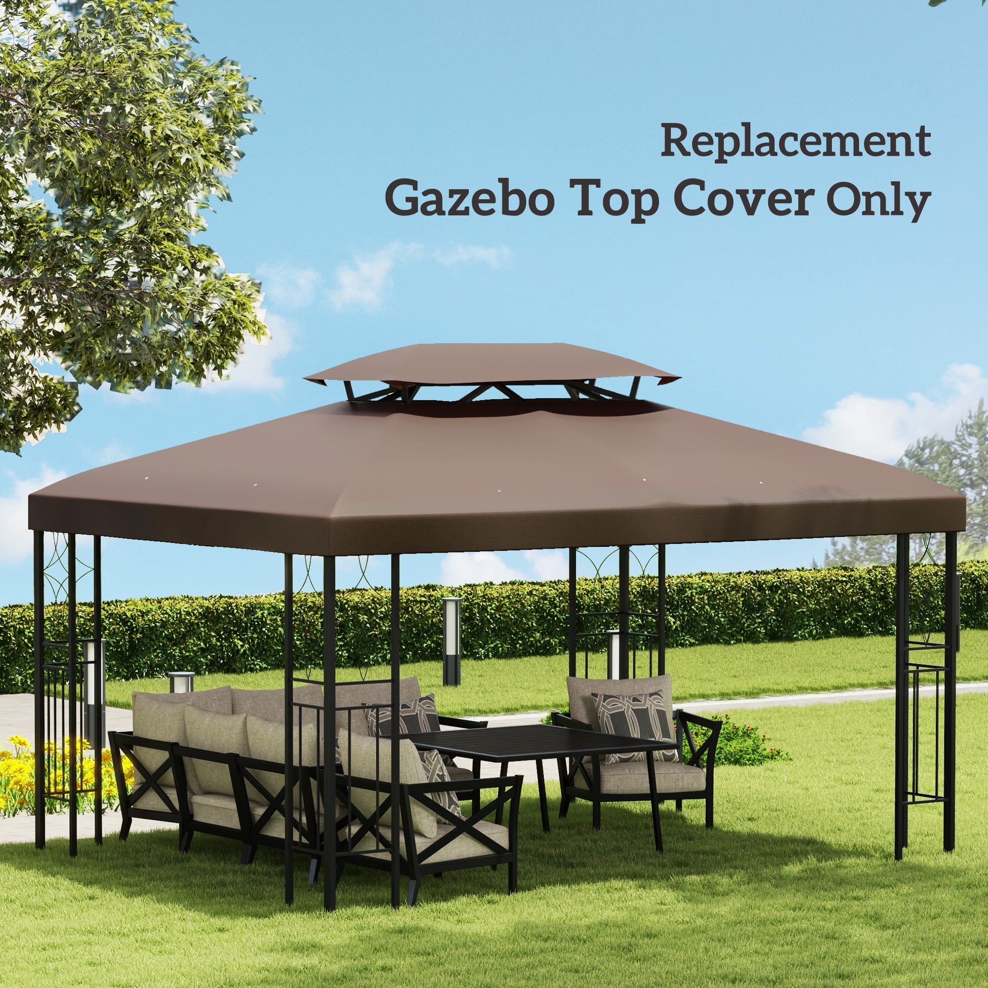 Outsunny Gazebo Replacement Canopy Top 13' x 10' 2 Tier UV Cover for Garden Patio Outdoor Brown TOP ONLY