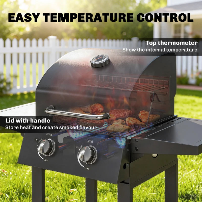 Outsunny 2 Burner Propane Gas Grill with Wheels, 18,400 BTU Portable BBQ Grill with Foldable Side Shelves, Warming Rack, Black