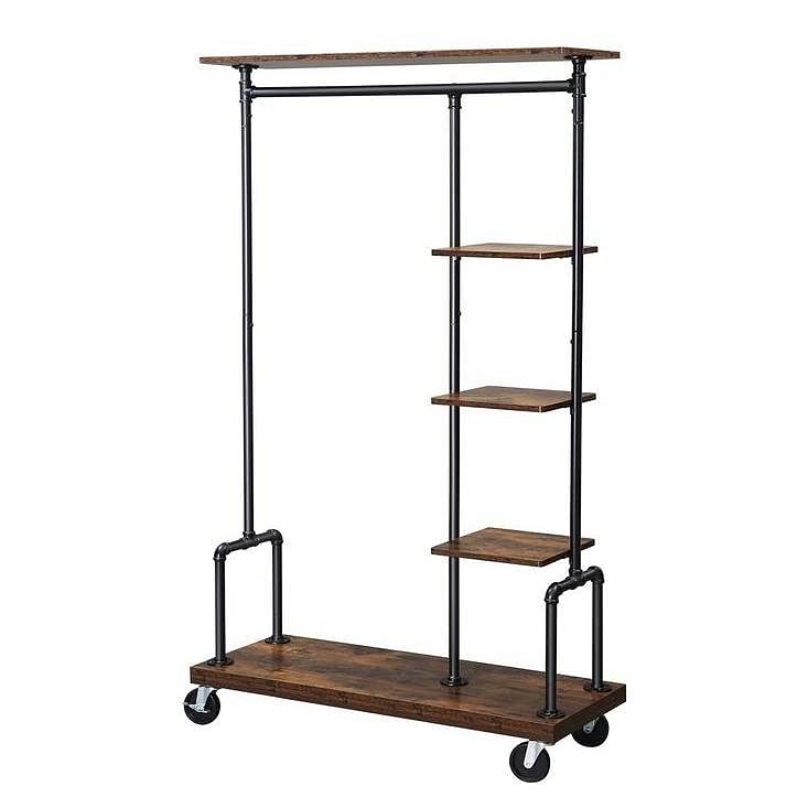 Industrial Metal Pipe Garment Rack with Wood Storage Shelves on Wheels - Free Shipping