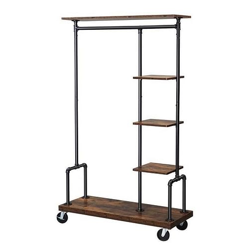 Industrial Metal Pipe Garment Rack with Wood Storage Shelves on Wheels - Free Shipping