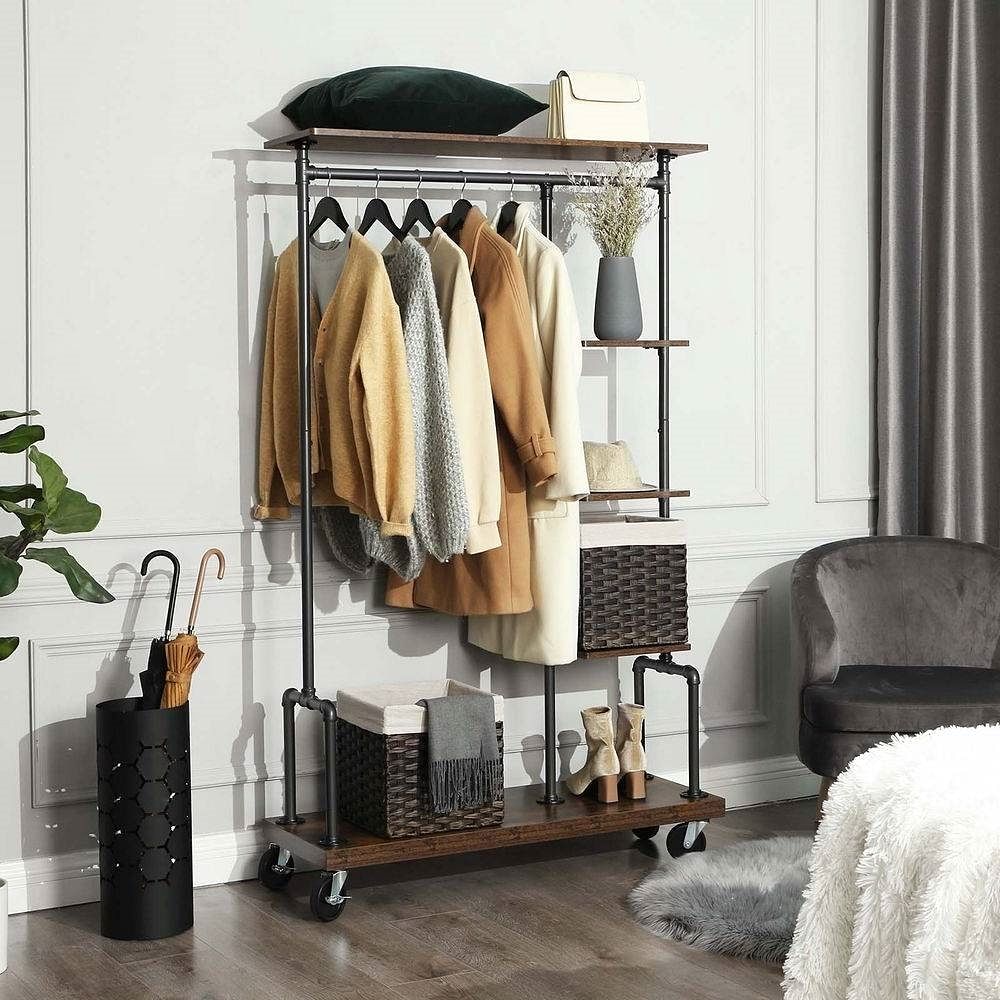 Industrial Metal Pipe Garment Rack with Wood Storage Shelves on Wheels - Free Shipping