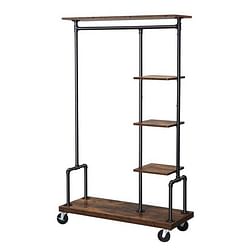Industrial Metal Pipe Garment Rack with Wood Storage Shelves on Wheels - Free Shipping