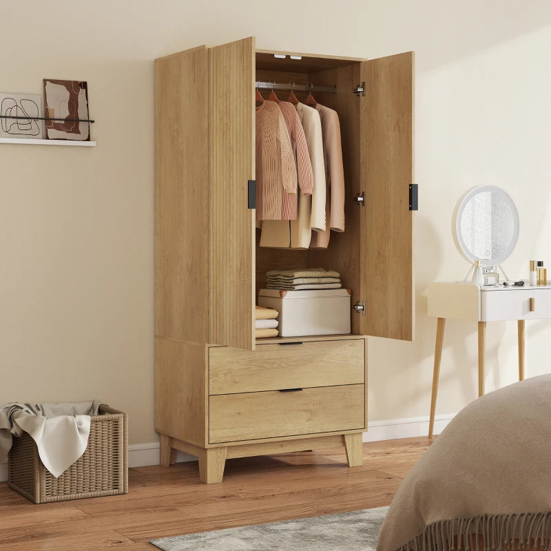 Modern Wardrobe Closet, Freestanding Armoire with Soft-Close Doors, 2 Drawers and Hanging Rod for Bedroom, Natural