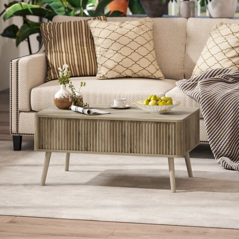 Lift Top Coffee Table with Storage, Center Table with Hidden Compartments and Pine Wood Legs for Living Room, Oak