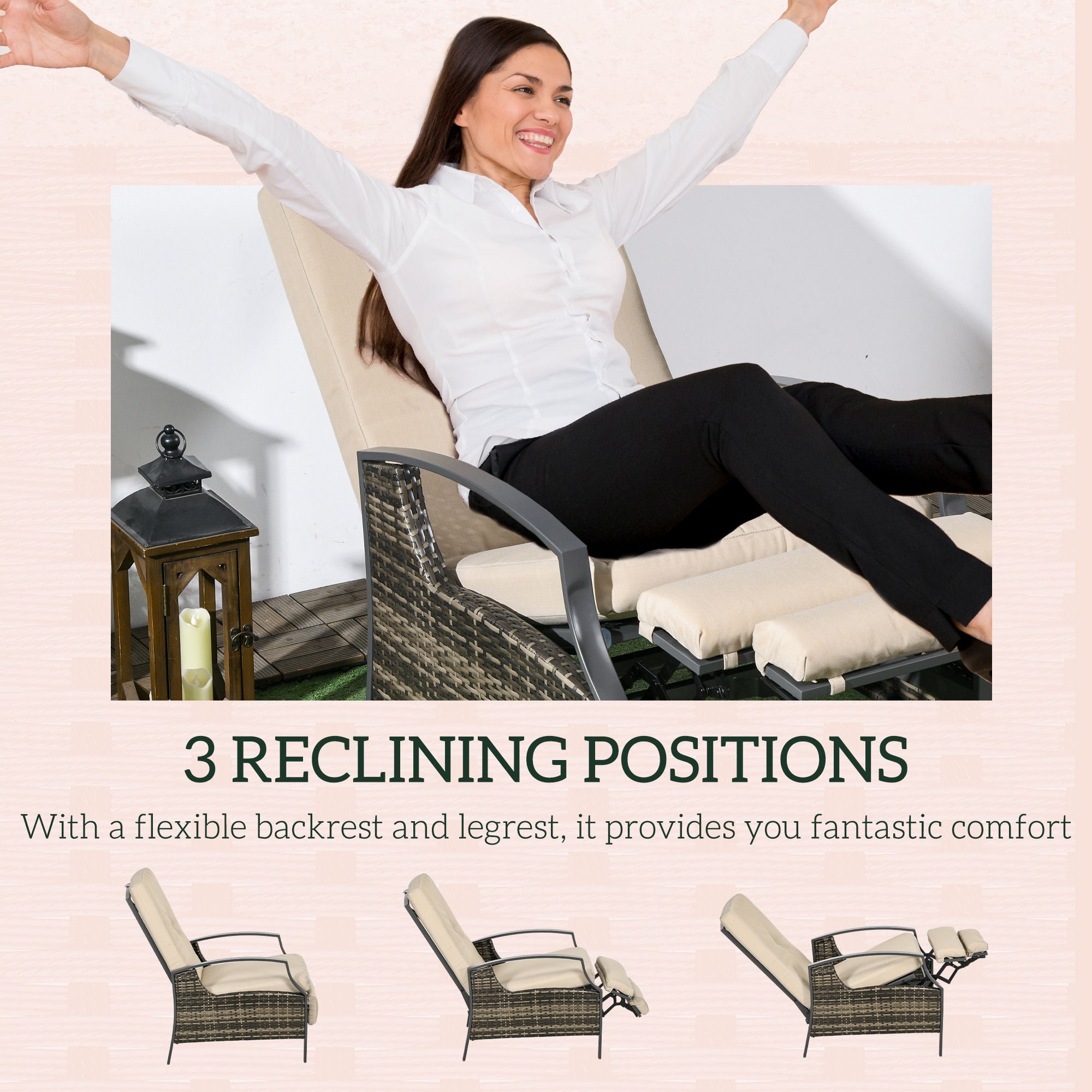 Outsunny Rattan Recliner Chair for Outside Wicker Reclining Chair with Adjustable Back Retractable Footrest Cushion Khaki
