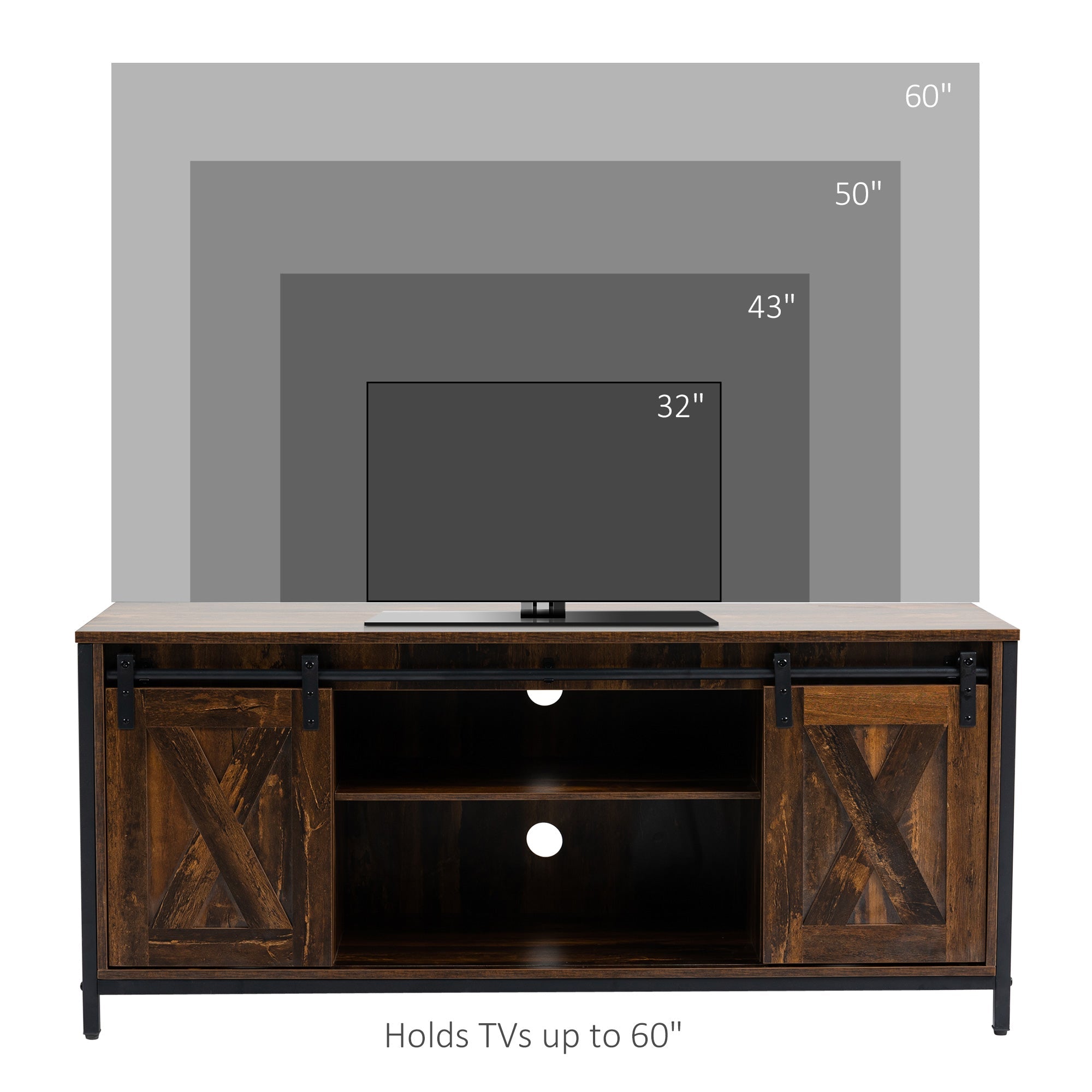 HOMCOM Industrial TV Stand: 60" TV Console, Sliding Barn Doors, Storage, Freestanding Entertainment Unit, Brown