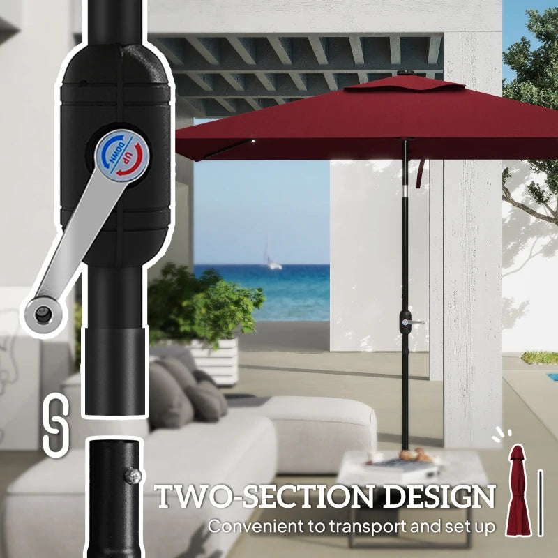 6' x 10' Patio Umbrella with 22 LED Solar Lights and Tilt, Rectangular Outdoor Table Umbrella with Crank, Wine Red
