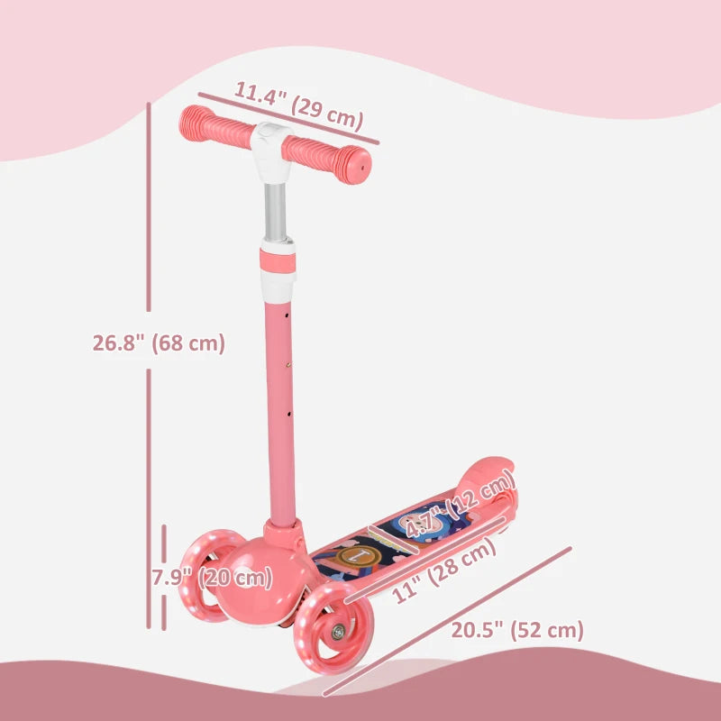 Qaba 3 Wheel Kids Scooter, Toddler Kick Scooter with Adjustable Height, Rear-Fender Brake, LED Light, TPE Handlebar, Pink