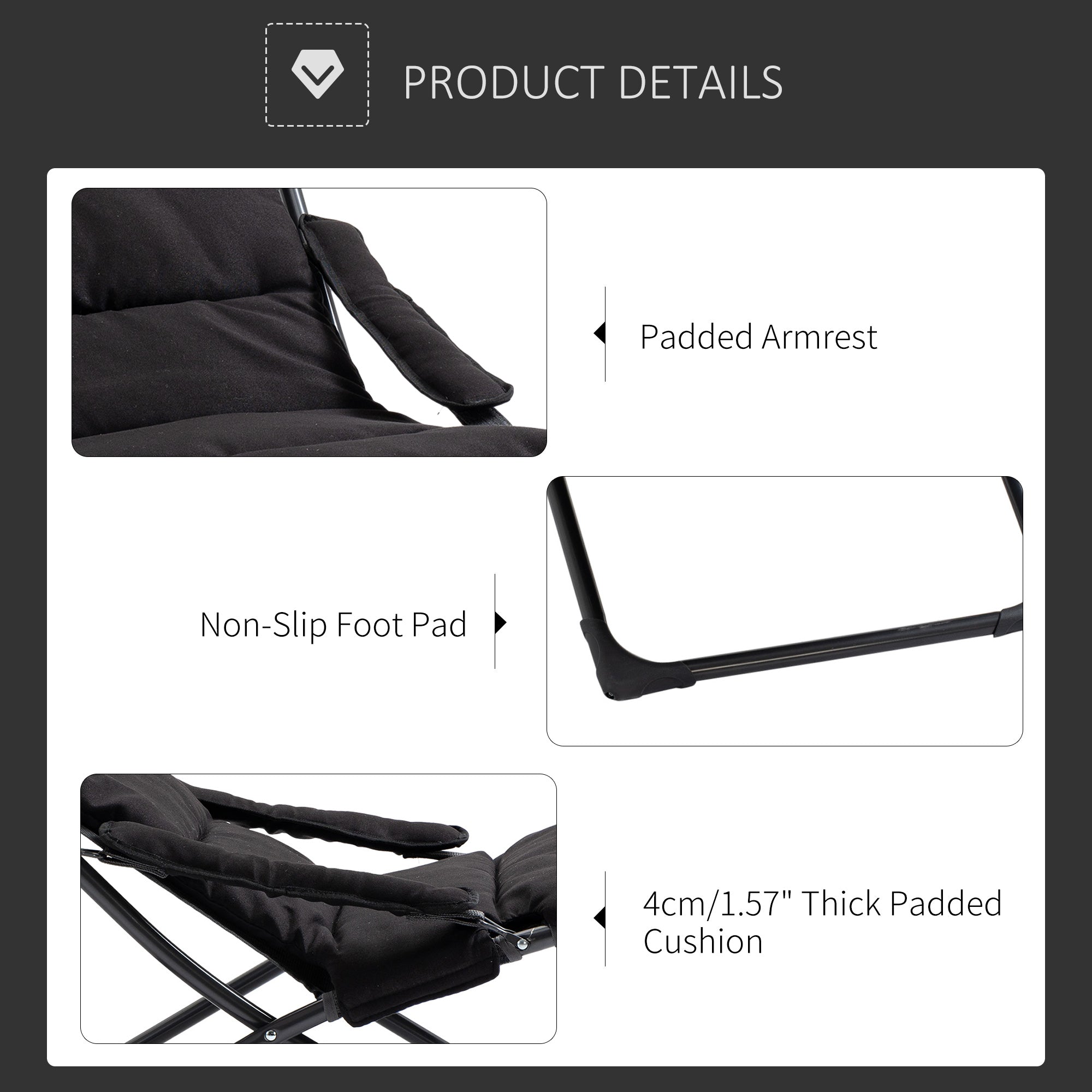 Outsunny Folding Lounge Chair, Mesh Fabric Lounger with Thick Padded Cushion and Armrest, Camping Beach Chair, Black