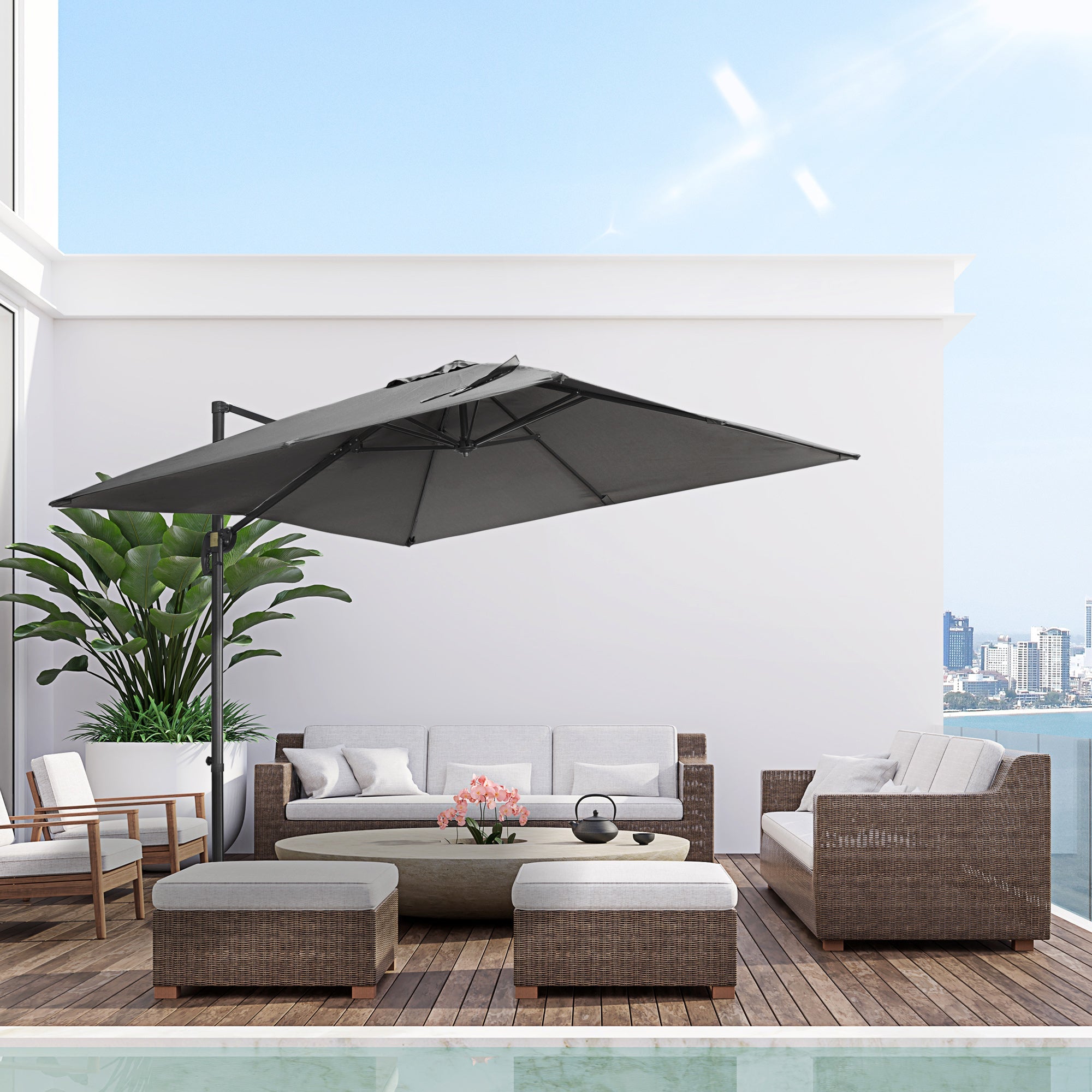 Outsunny 105" x 105" x 98" Cantilever Patio Umbrella with Cross Base, Crank Handle, Tilt, 360° Rotation and Aluminum Frame, Dark Grey