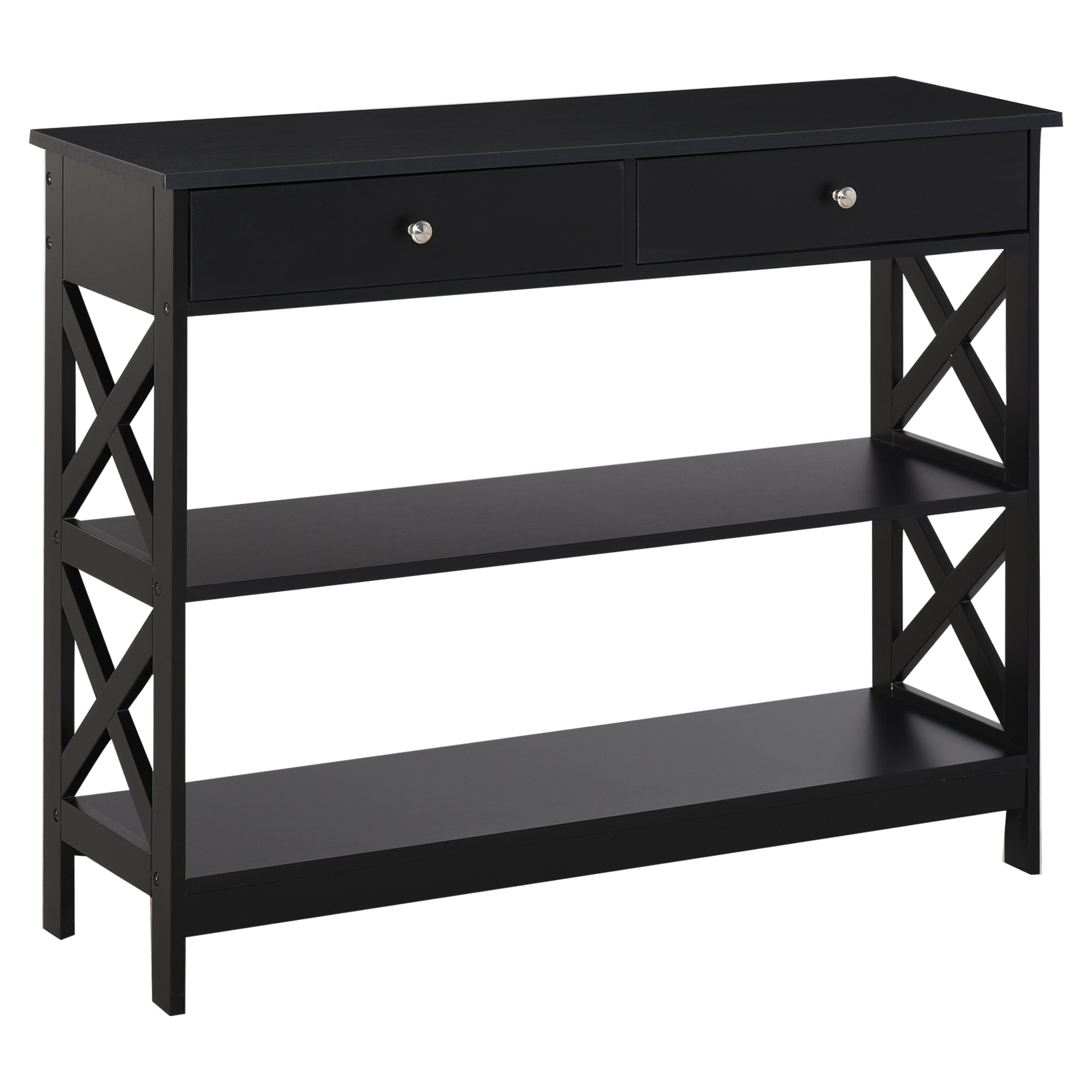 HOMCOM Sofa Side Table Console with Storage Shelves Drawers for Living Room Entryway X Frame Black