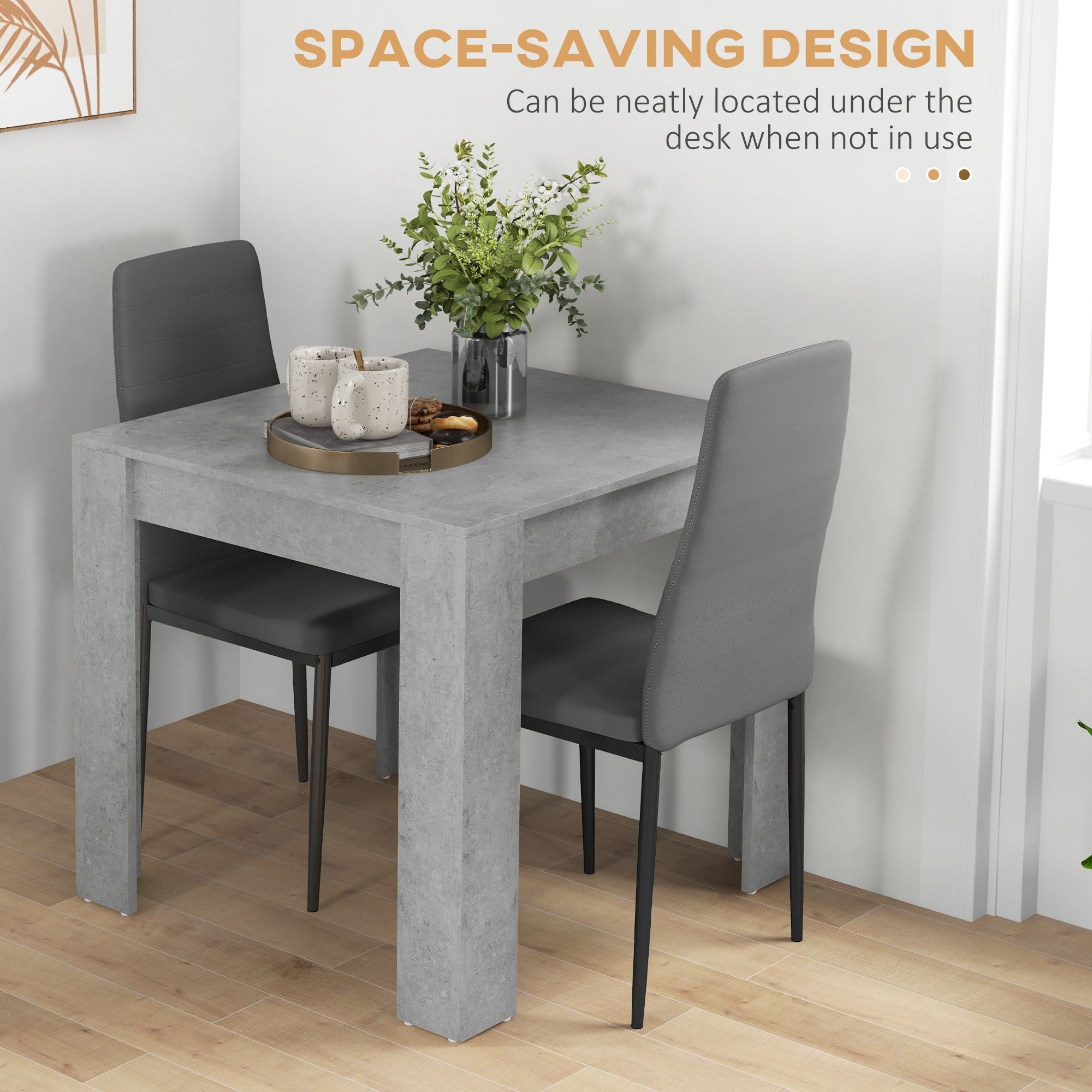 HOMCOM 2-Person Dining Set Square Faux Cement Table PU Leather Chairs Compact Kitchen Furniture for Small Spaces