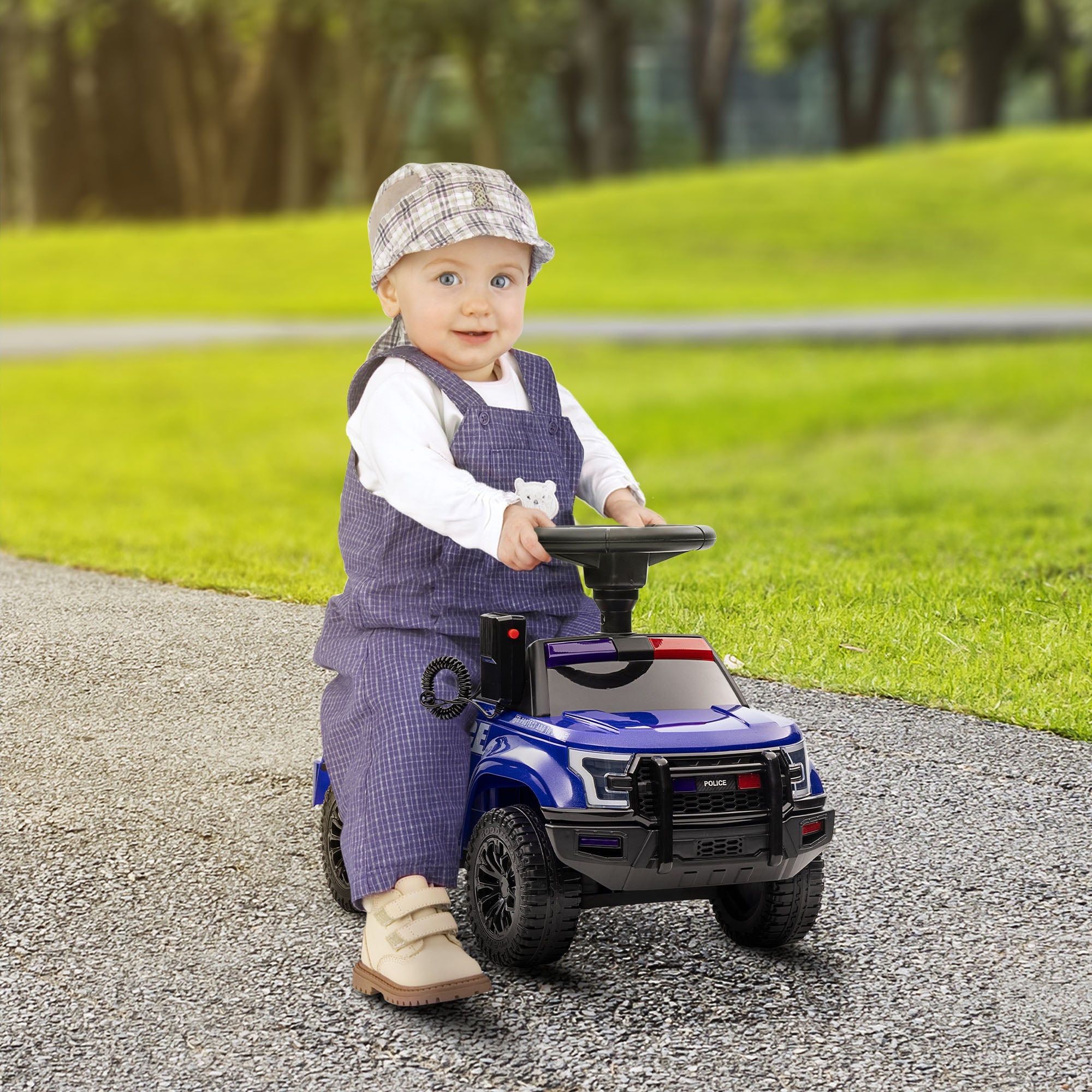 Aosom Kids Ride On Police Car Sliding Vehicle with Under Seat Storage Megaphone Anti-Tip Blue