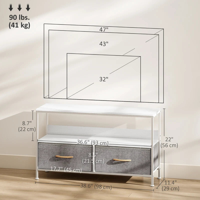 TV Stand with Charging Station, TV Table with 2 Foldable Linen Drawers and Open Shelf for 47 Inch Television, White