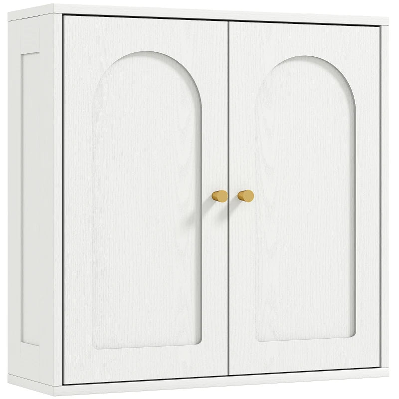 Medicine Cabinet, Modern Bathroom Wall Cabinet with 2 Arched Doors and Gold Handles, White Wood Grain