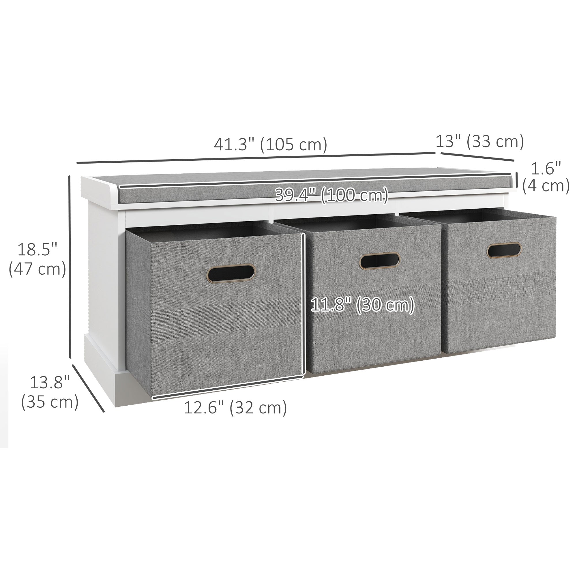 HOMCOM Shoe Storage Entryway Bench Seat with Cushion 3 Fabric Drawers for Hallway White