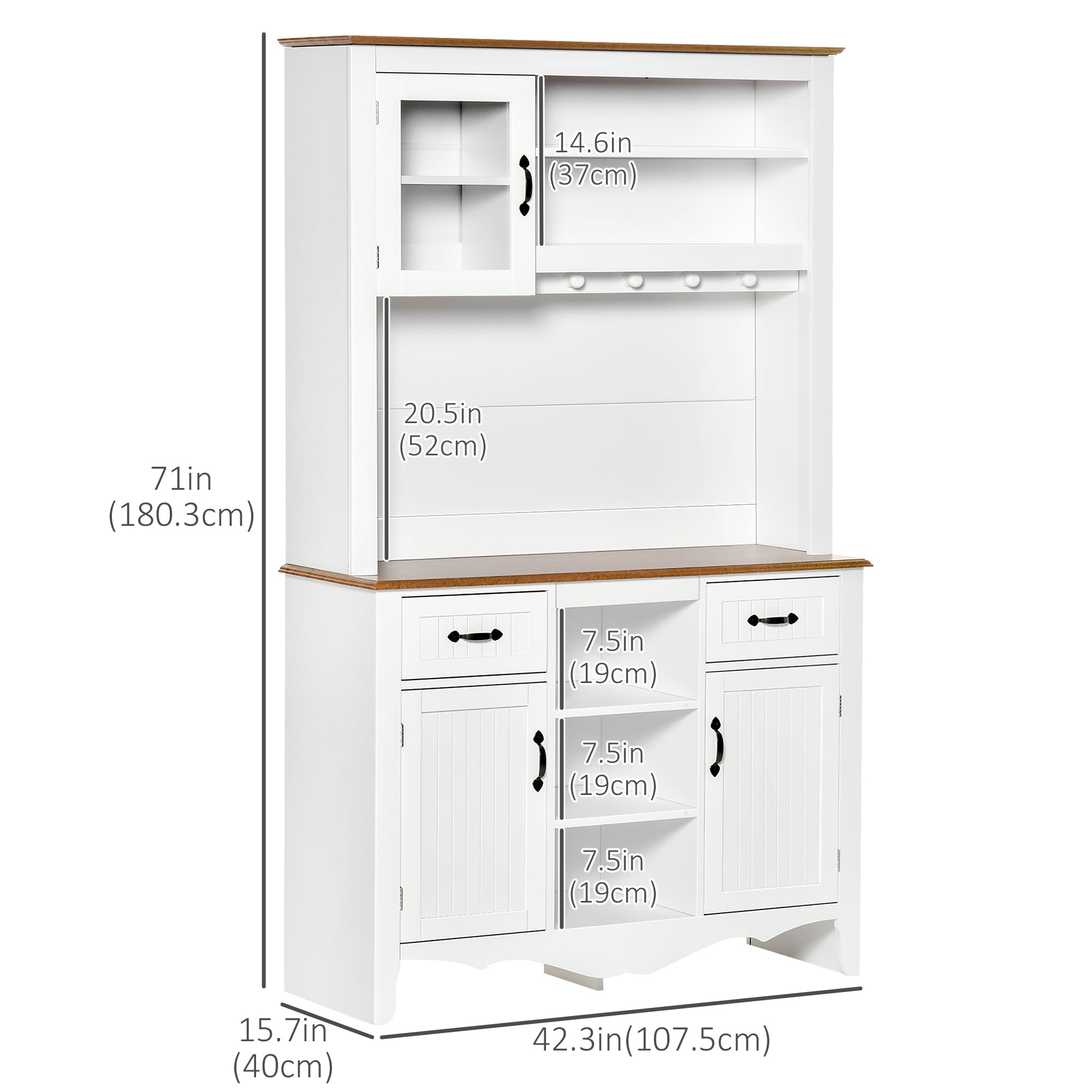 HOMCOM 71" Farmhouse Kitchen Pantry Buffet Hutch Storage Cupboard with Drawer 3 Cabinets 5 Shelves