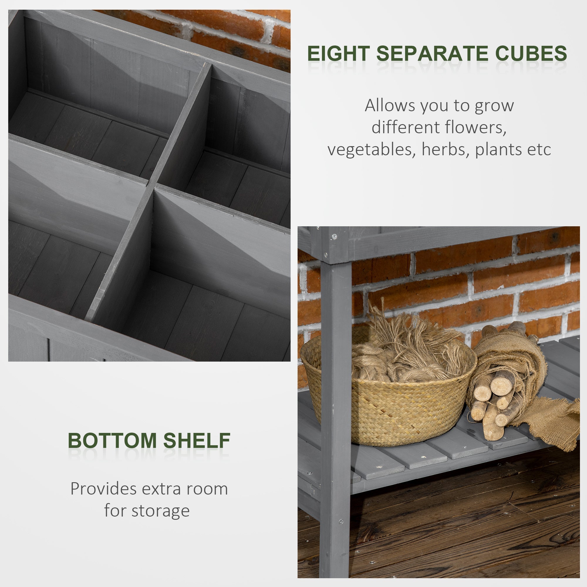 Outsunny 43.25" x 18" x 30" Raised Garden Bed, Wooden Plant Stand with 8 Grid Box, Storage Shelf for Outdoor, Dark Grey