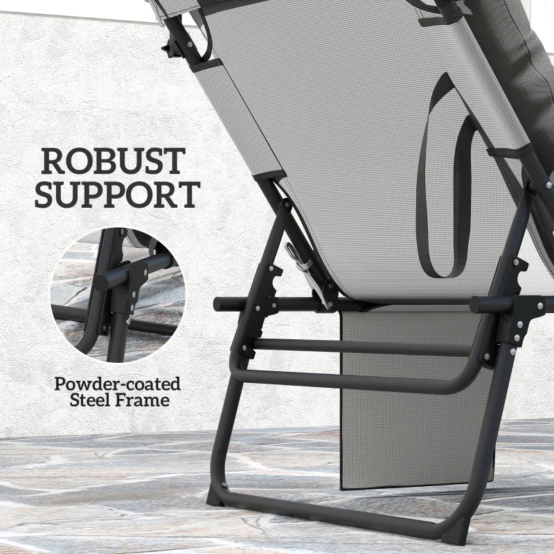 Folding Lounge Chair with Adjustable Canopy, 4-Position Outdoor Tanning Chair with Headrest, Light Grey