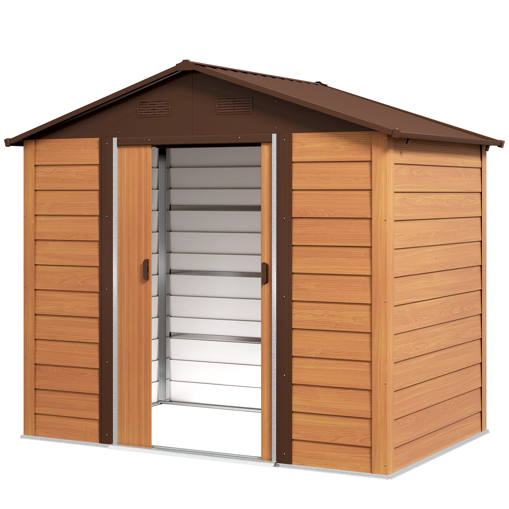 Outsunny 7.7' x 6.5' Outdoor Metal Garden Shed House Hut Gardening Tool Storage with Ventilation, Dark Brown with Wood Grain