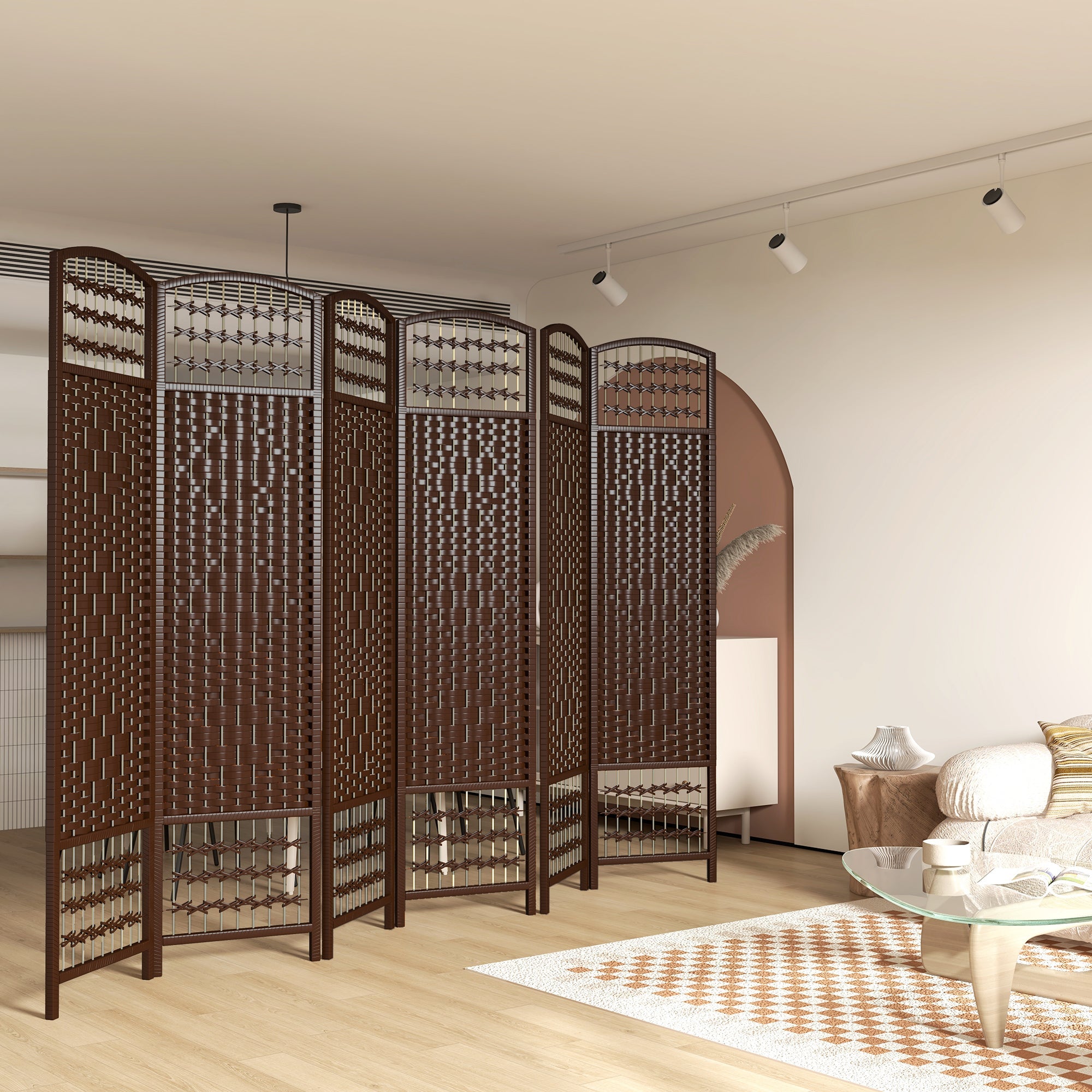 HOMCOM Wave Fiber Privacy Partition: 6 Panel Folding Room Divider Screen for Home Office, Brown Finish