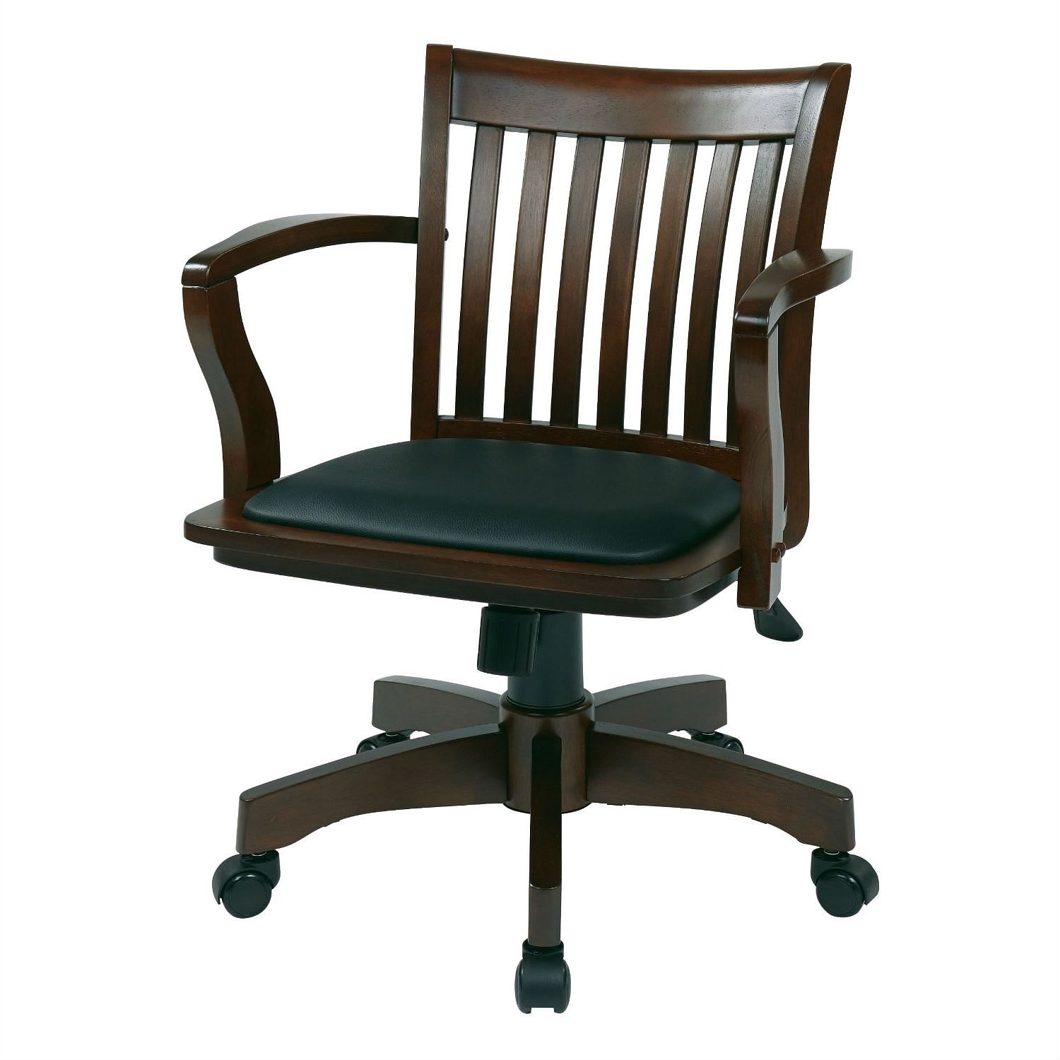 Espresso Bankers Chair with Black Vinyl Padded Seat and Wood Arms - Free Shipping