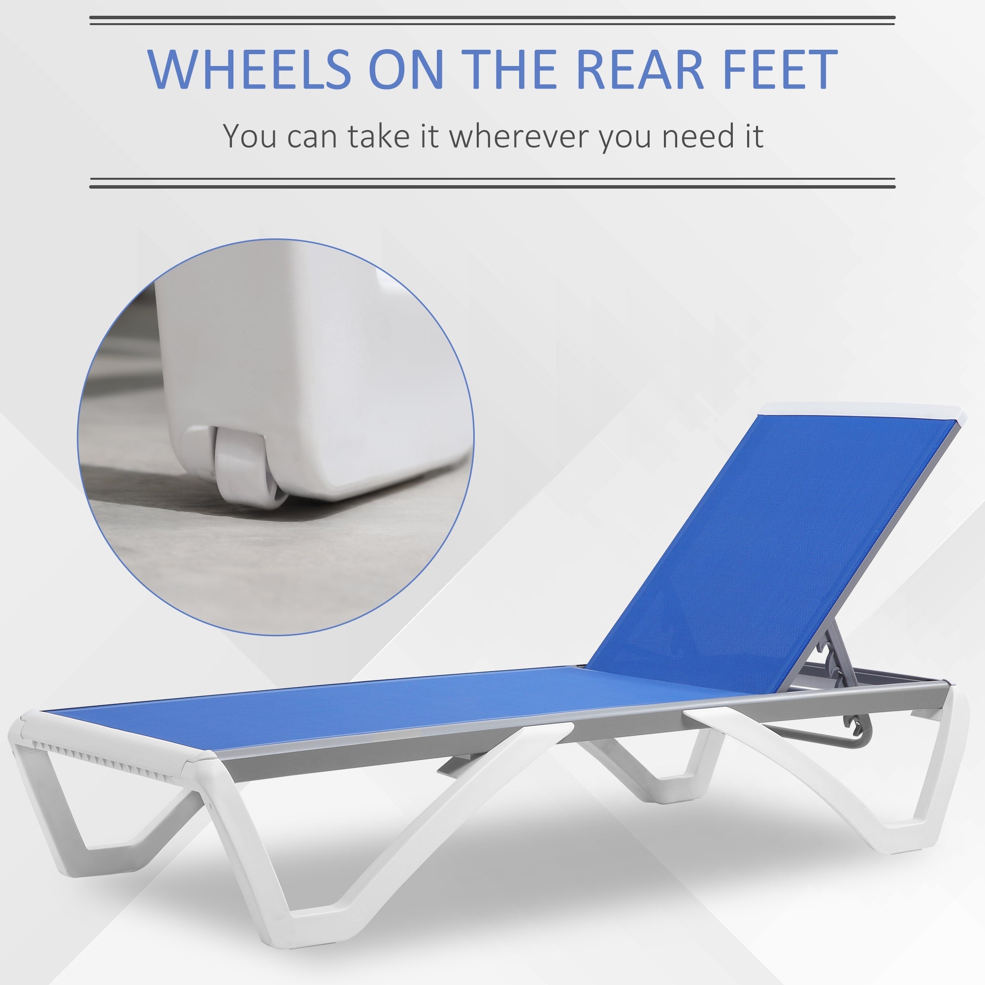 Outsunny Outdoor Chaise Lounge Chair Portable with Adjustable Back Wheels Breathable Mesh Fabric Blue