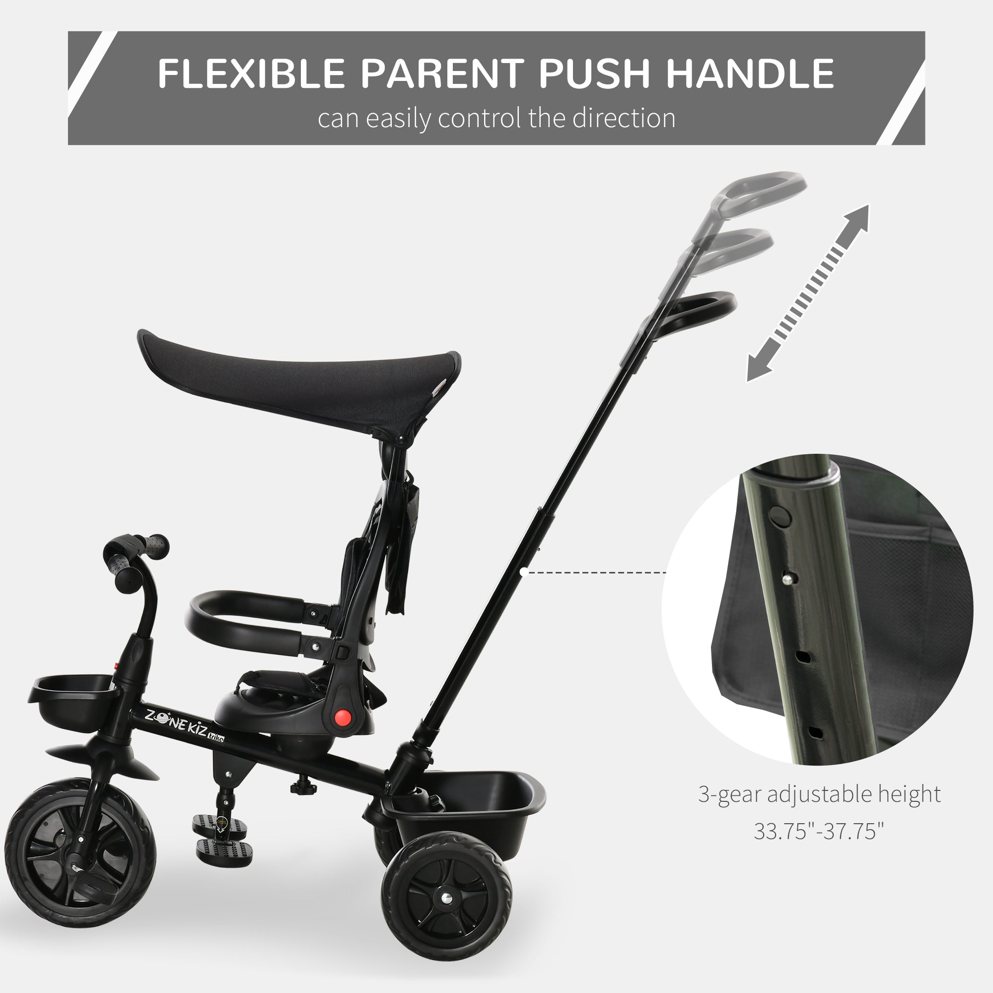 Qaba 4-in-1 Baby Tricycle Stroller with Reversible Seat, Adjustable Handle, Canopy, Safety Belt, Storage - Black