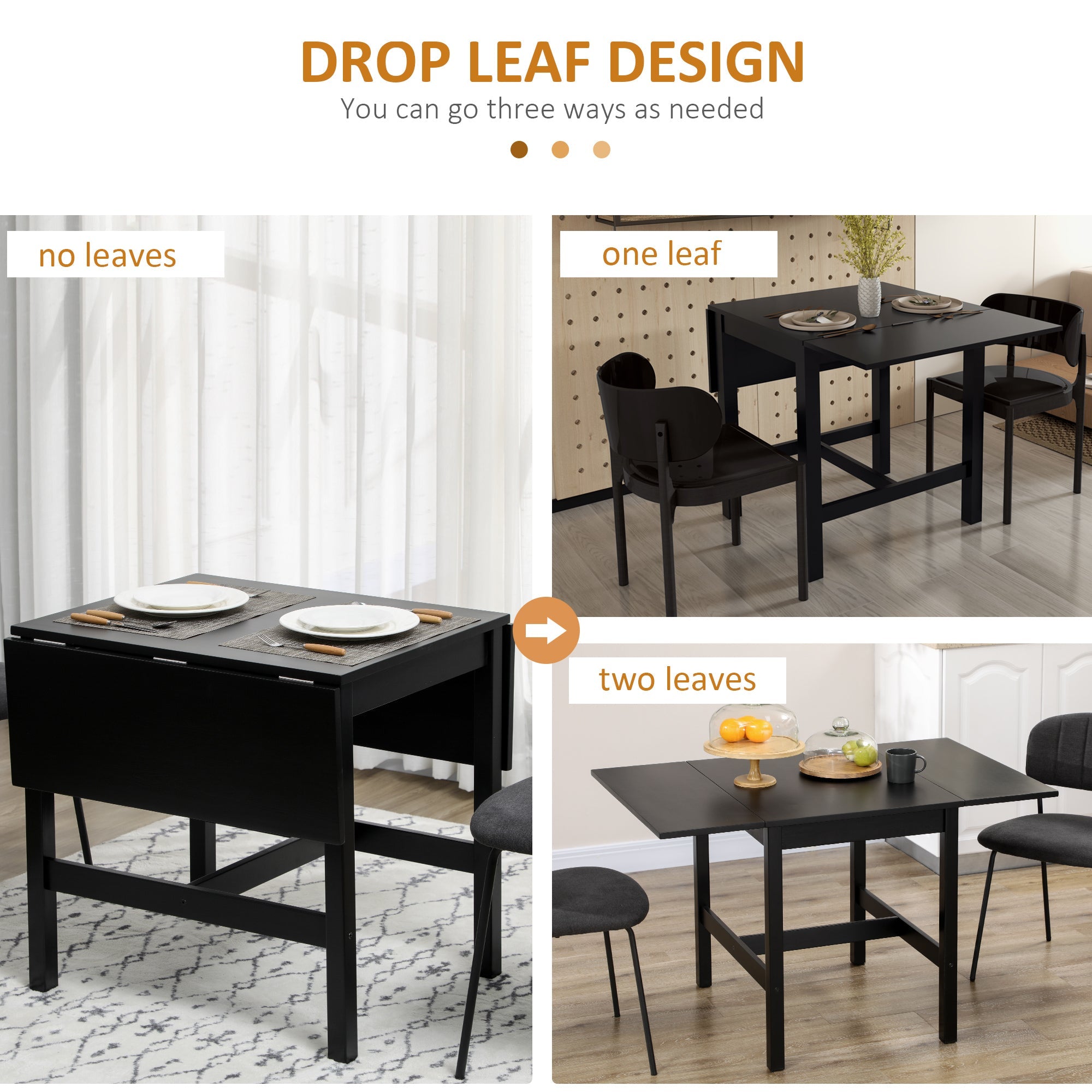 HOMCOM Compact Foldable Solid Wood Dining Table Drop Leaf Design for Small Spaces Kitchen Dining Room Black