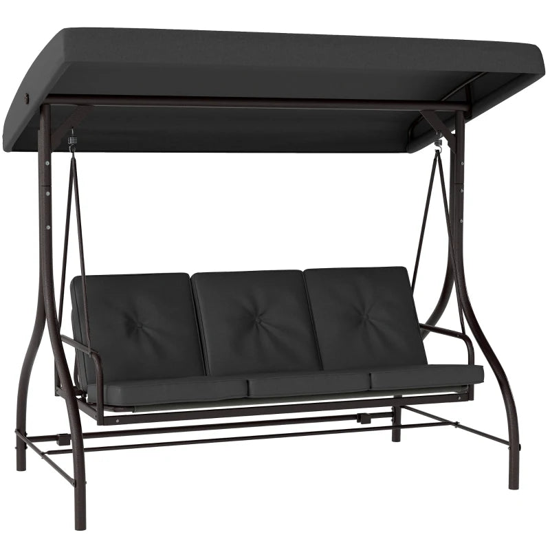 Convertible Patio Swing Bed with Canopy and Cushions, 3 Seater Porch Swing for Outdoor, Backyard, Garden, Dark Grey