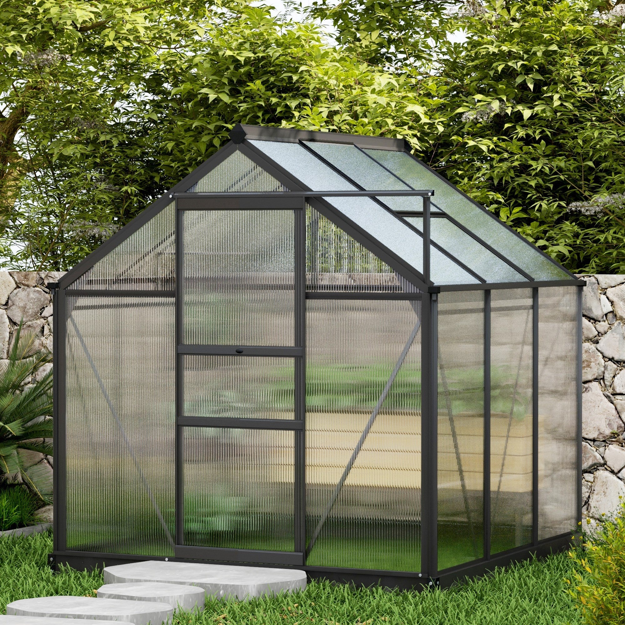 Outsunny Polycarbonate Greenhouse Kit 6.2'x6.3'x6.6' with Sliding Door, Sturdy Frame for Outdoor Gardening - Grey