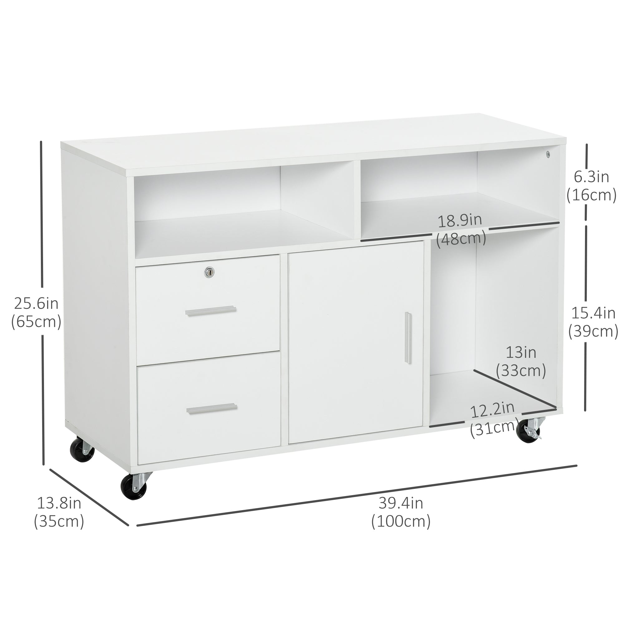 HOMCOM Mobile Printer Stand: File Cabinet with Lockable Drawer & Casters for Home Office, White