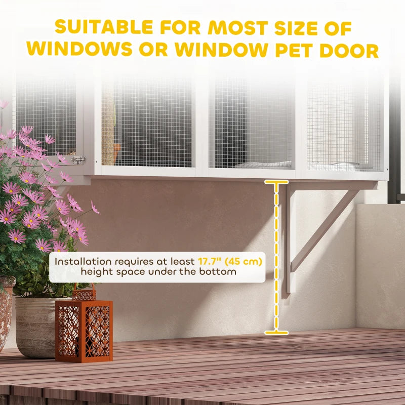 Wooden Catio Outdoor, Cat Window Box Enclosure for 2-3 Large Cats with 2 Jumping Platforms & Scratching Post, White