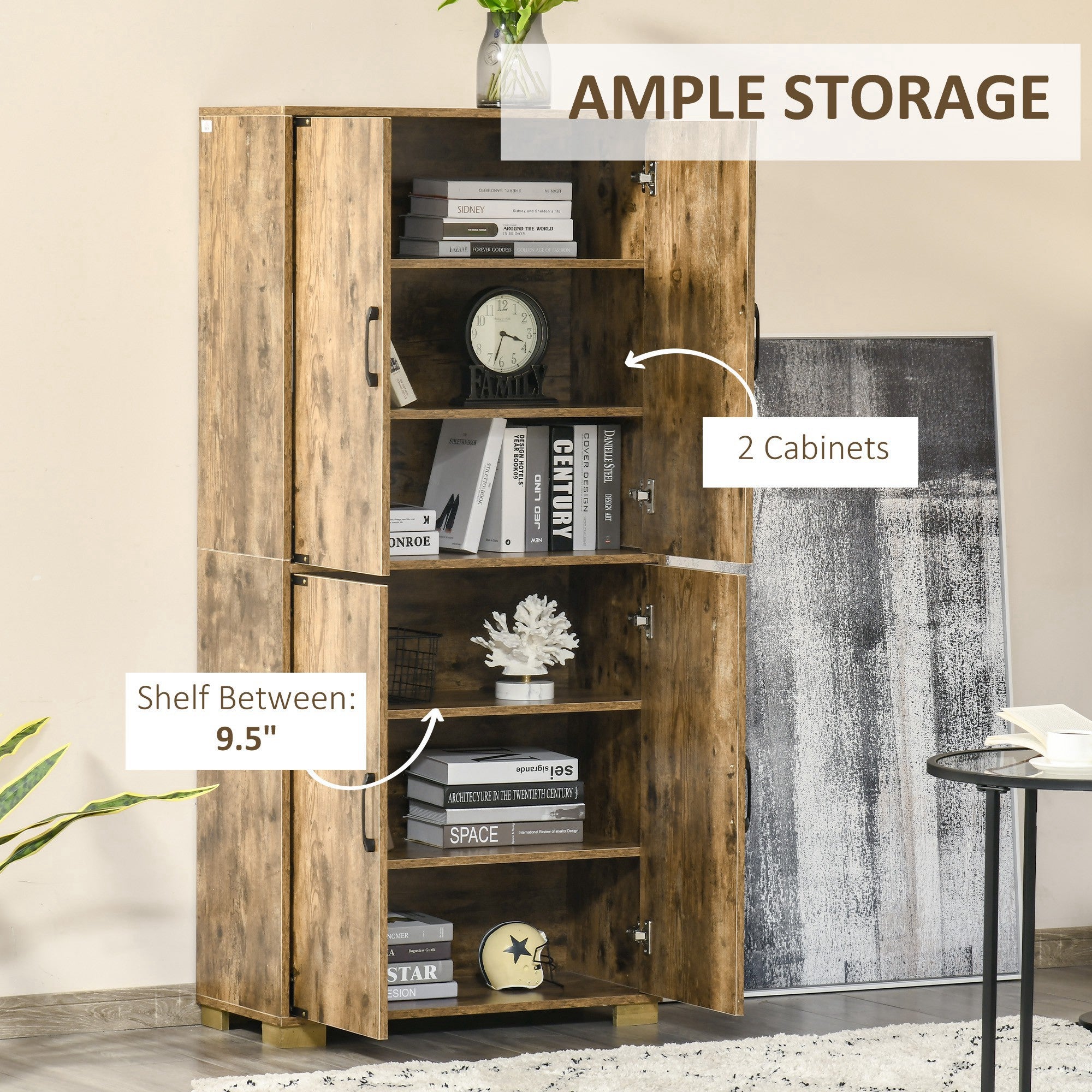 HOMCOM Farmhouse Rustic Brown Kitchen Pantry Storage Cabinet 4 Doors Shelves Cupboard Organizer Furniture