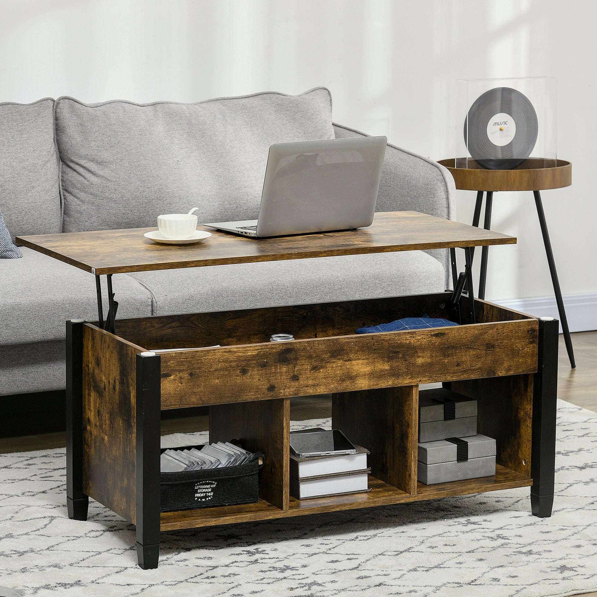 HOMCOM Rustic Lift-Top Retreat: Coffee Table with Hidden Storage, 3 Lower Shelves, Pop-Up Design in Brown Finish for Living Room