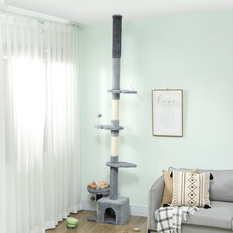 Floor to Ceiling Cat Tree, 4 Tiers Tall Kitty Climbing Tower with Scratching Post, Adjustable Height 87-100"