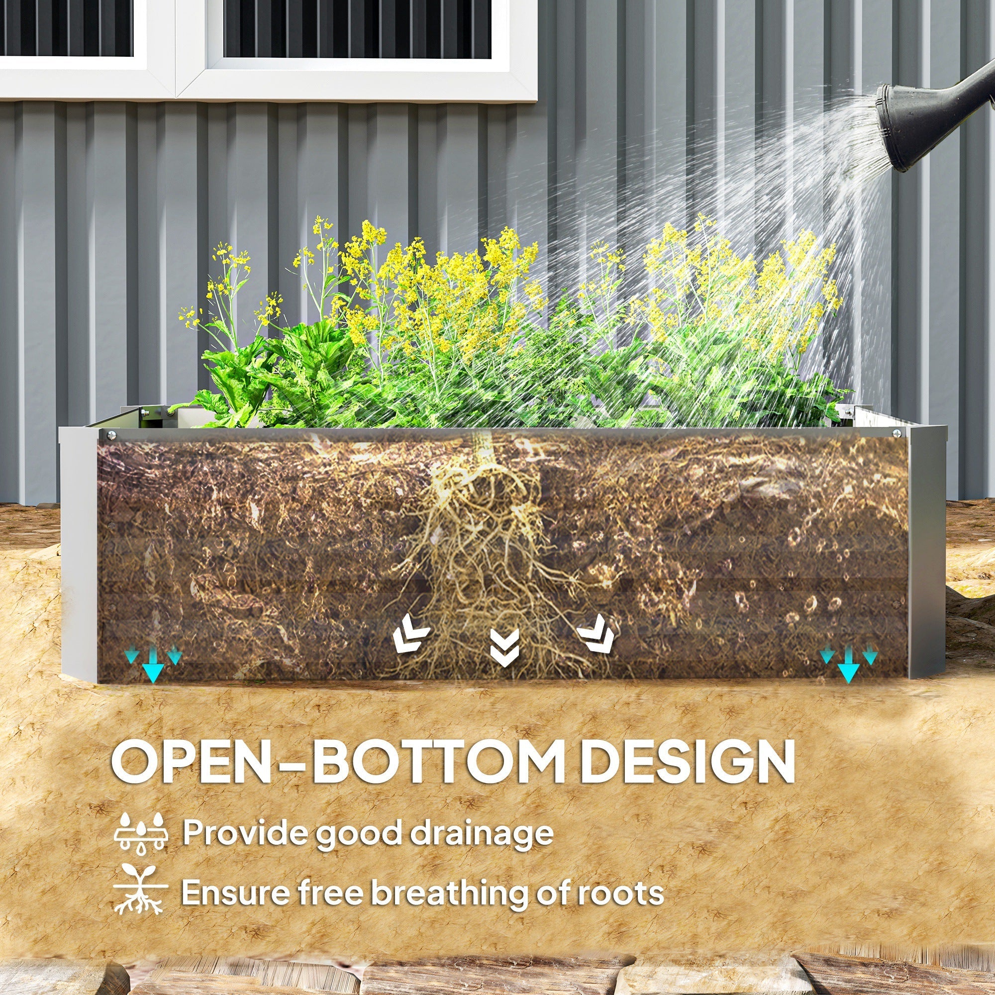 Outsunny Set of 2 Galvanized Raised Beds for Garden, Outdoor Planter Box for Flowers, Herbs and Vegetables, Light Grey