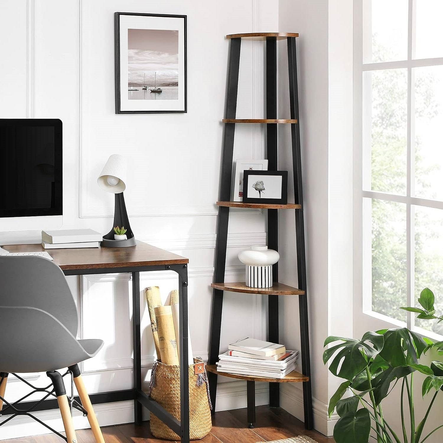 Modern 4-Shelf Brown Black Corner Shelving Unit Slim Bookcase - Free Shipping