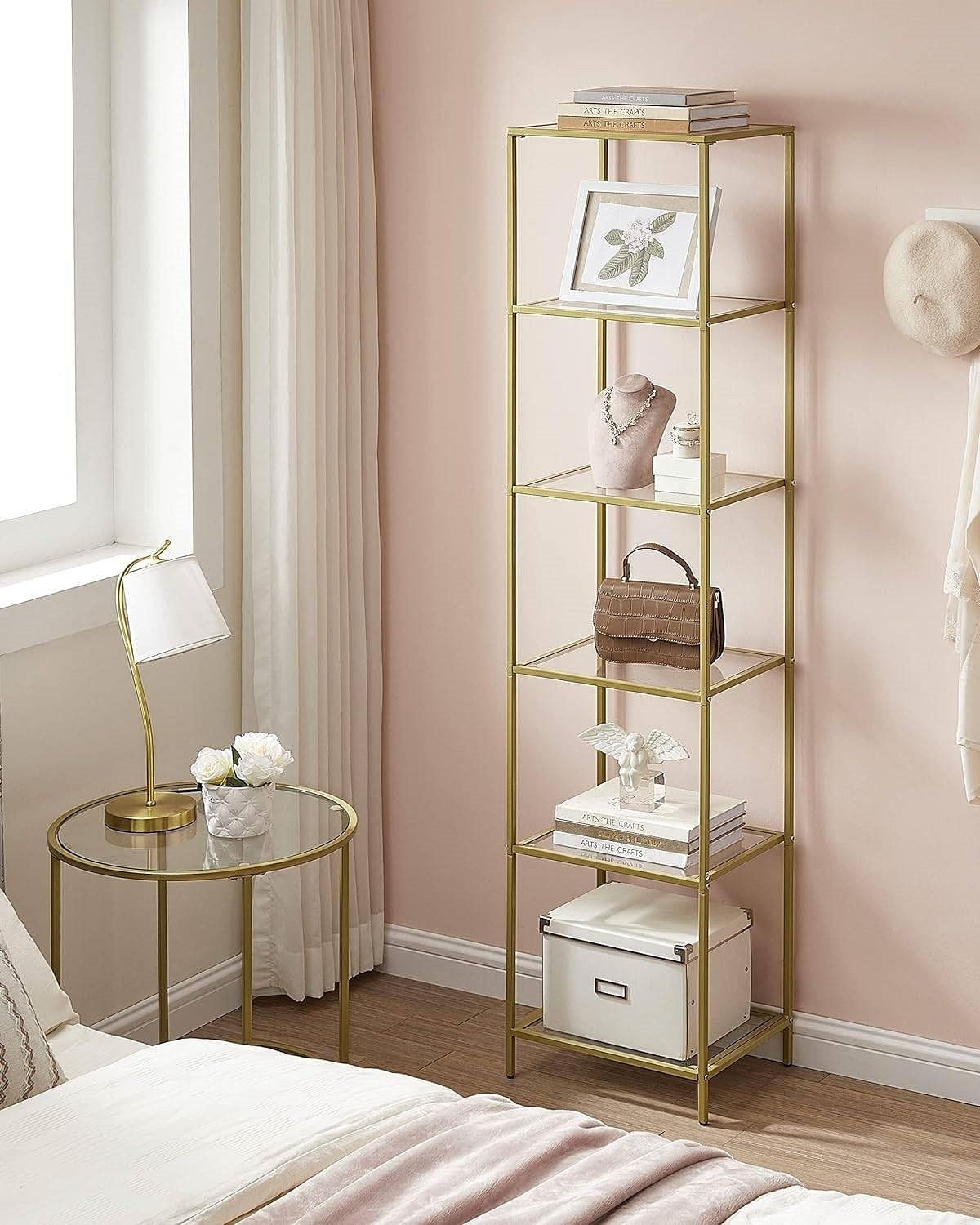 Narrow Glass Shelf Bookcase Bedroom Living Office Bath Storage Unit in Gold - Free Shipping