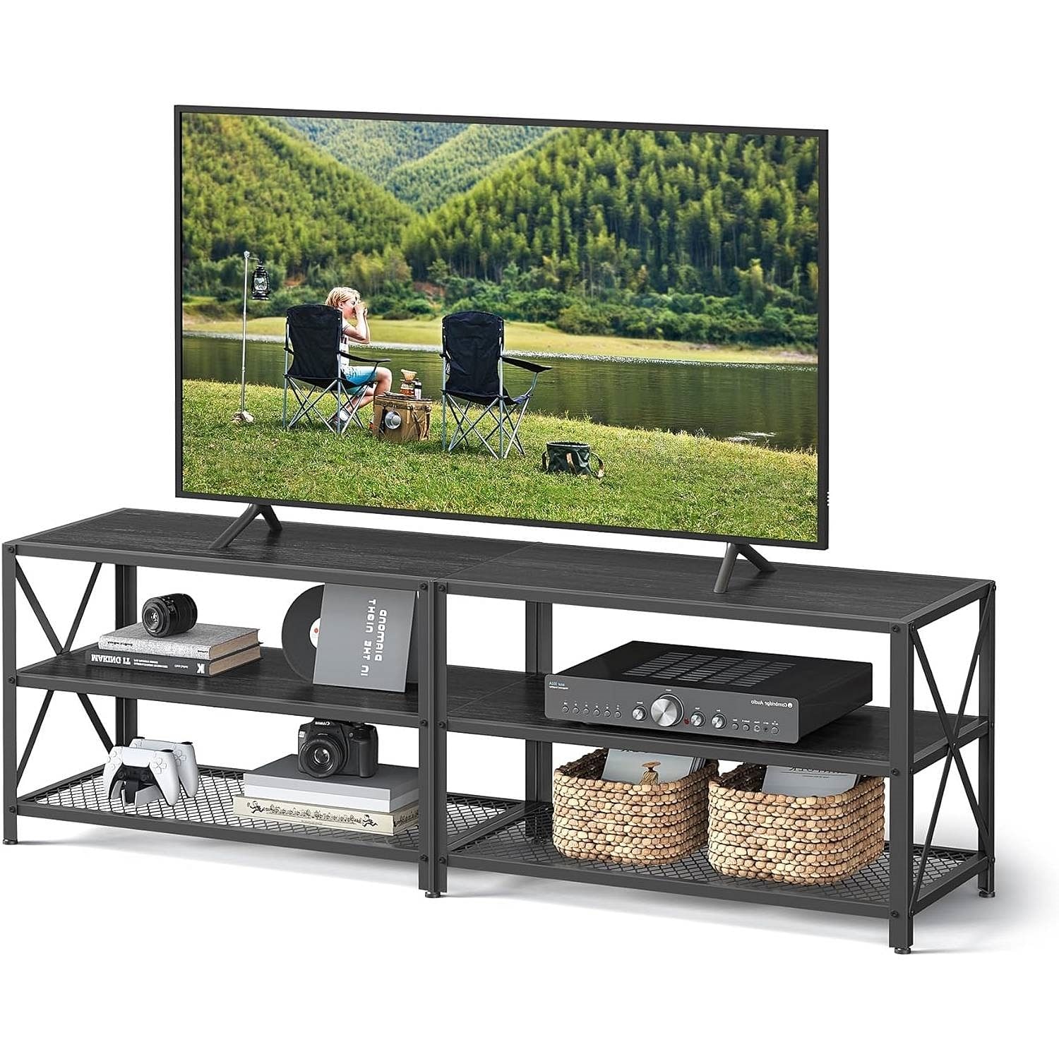 Industrial Black Metal Wood TV Stand Entertainment Center for TV up to 70-inch - Free Shipping